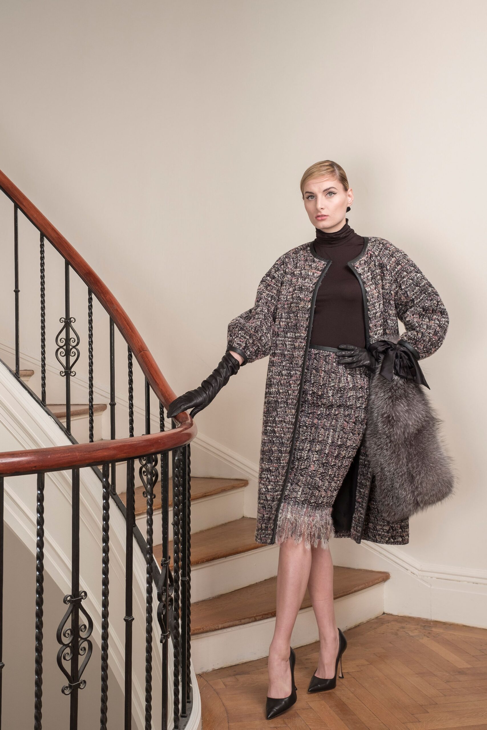gray wool coat with black top