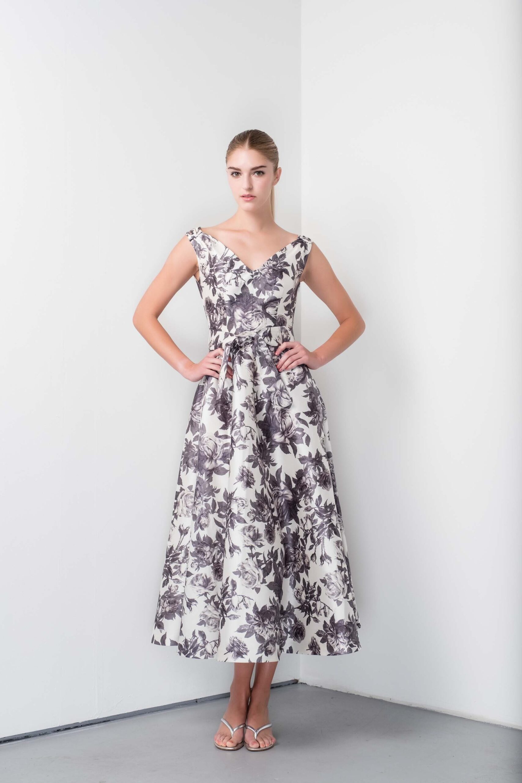 floral white and black midi dress