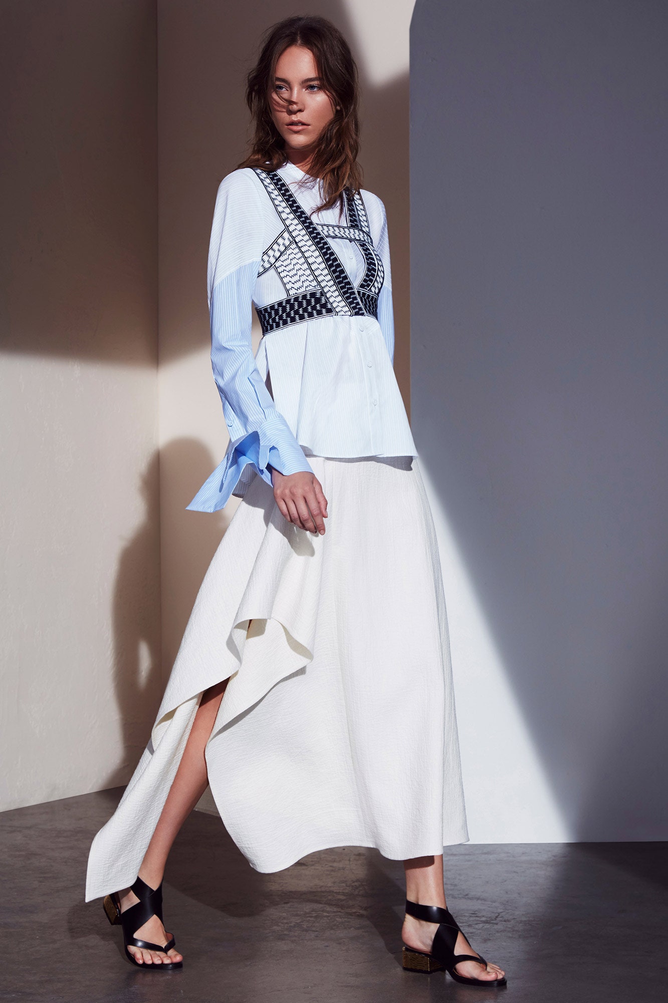 blue and white layered top with asymmetric skirt