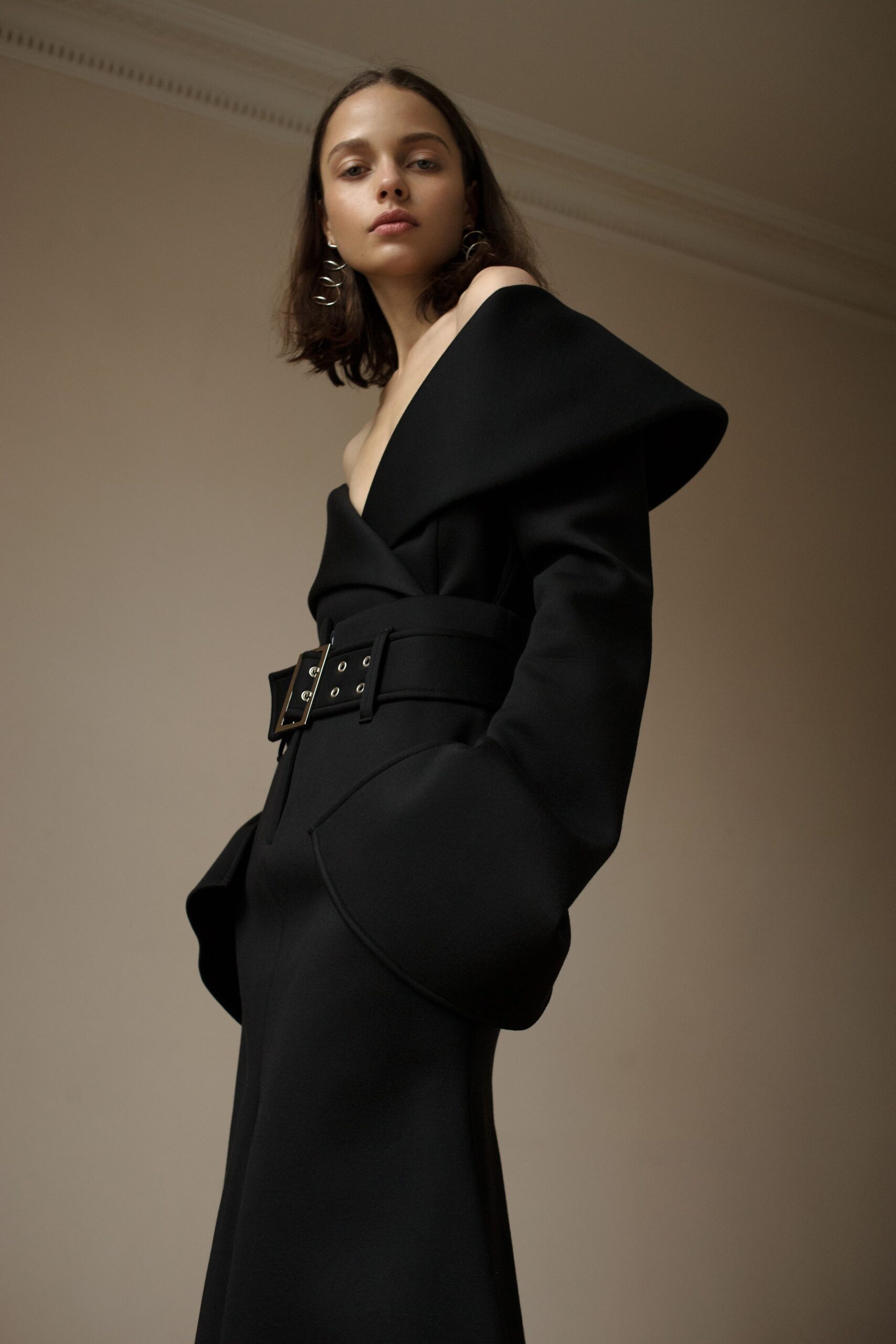 black off-shoulder belted gown
