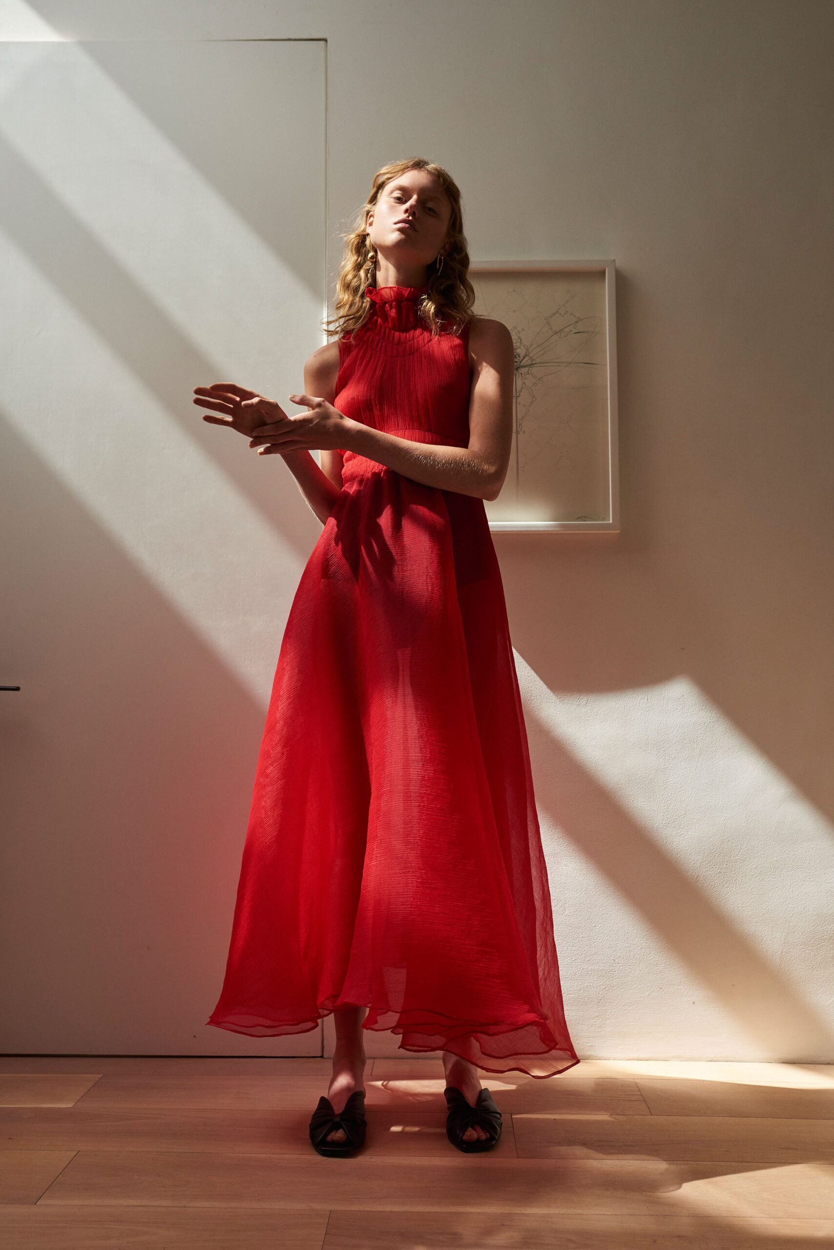 red pleated chiffon maxi-dress