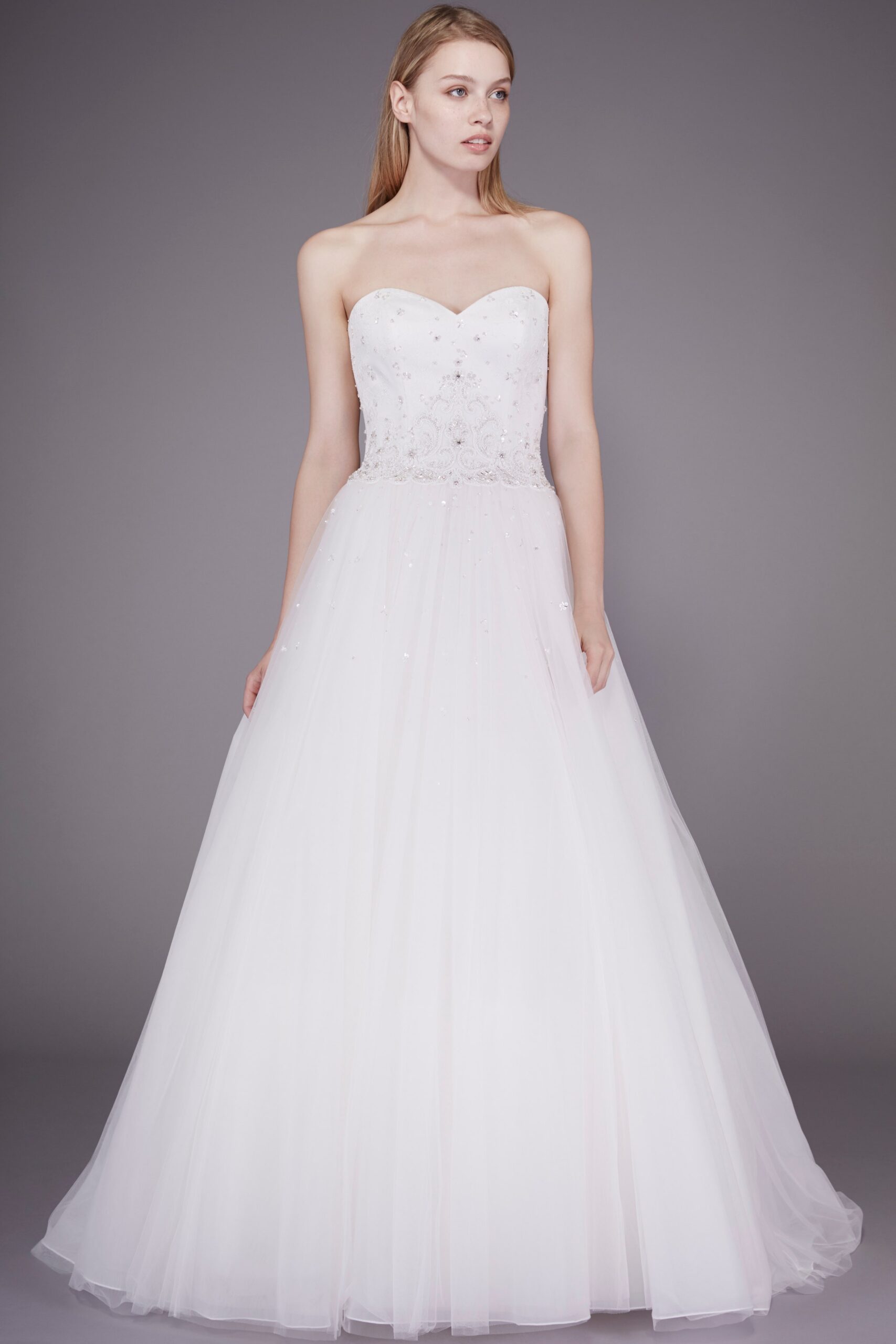 white strapless beaded gown