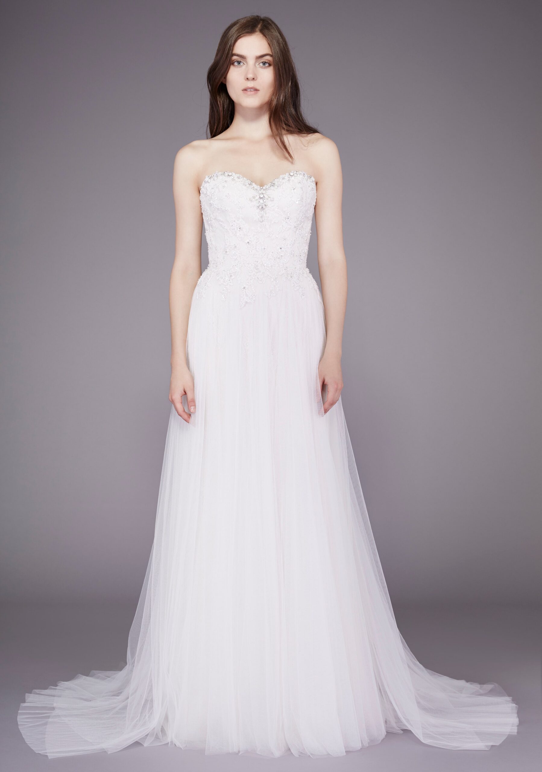 white strapless embellished gown