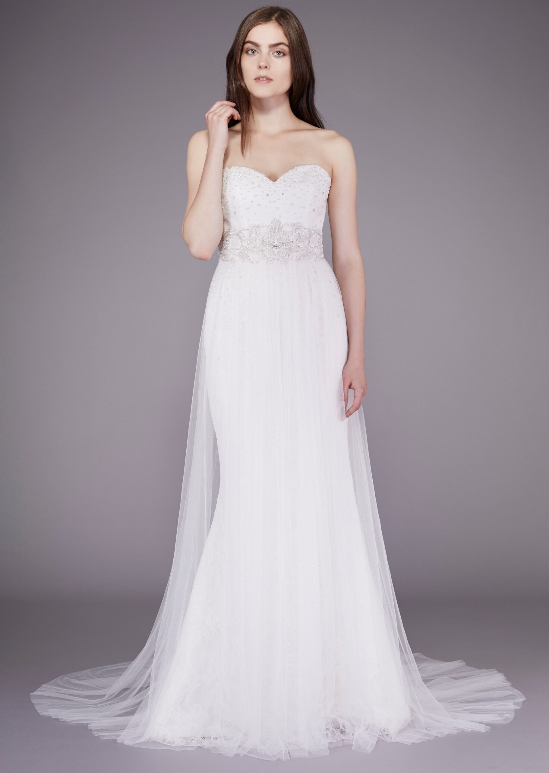 white lace strapless gown