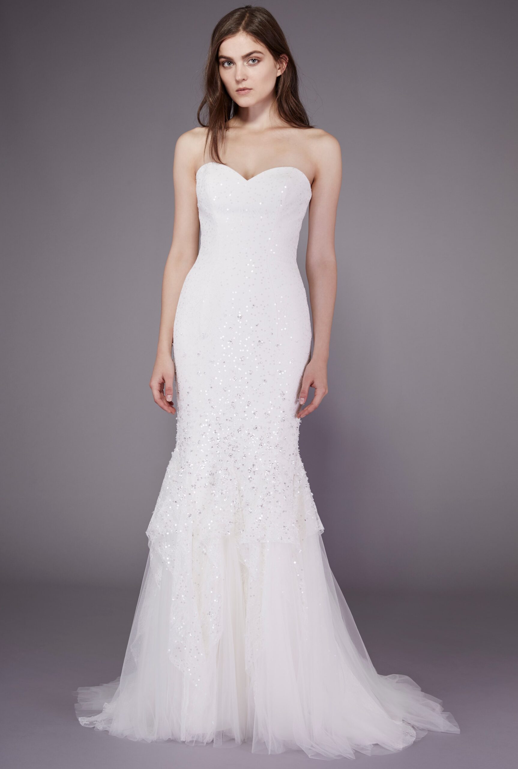white strapless beaded gown