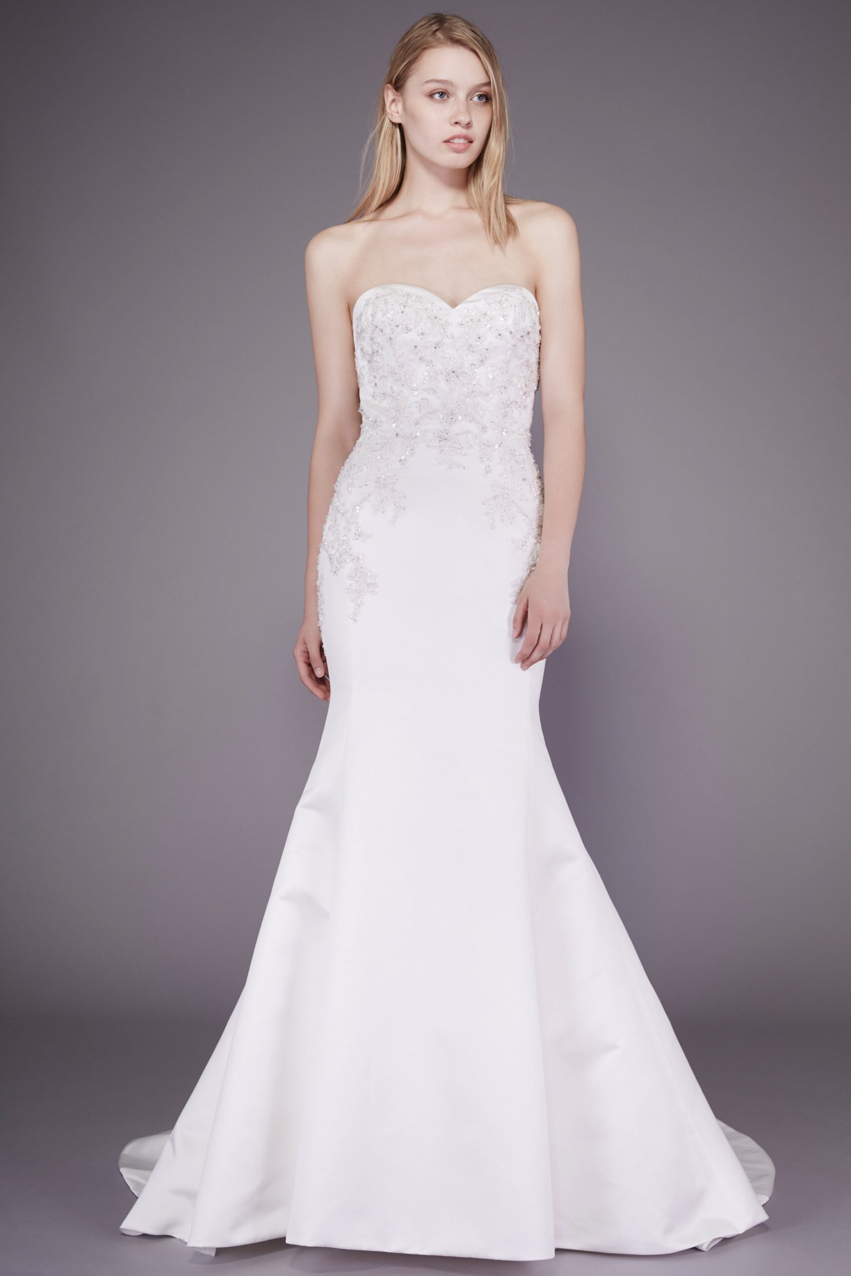white strapless embellished gown