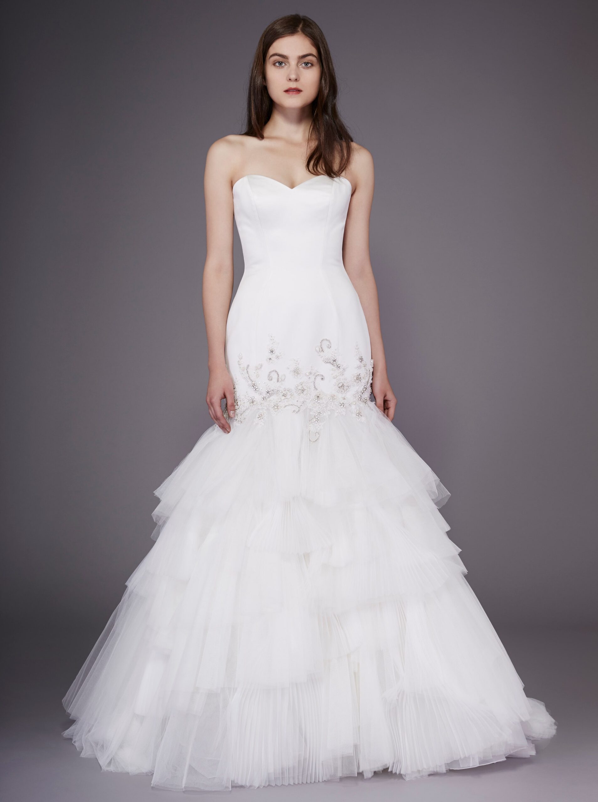 white strapless tiered gown