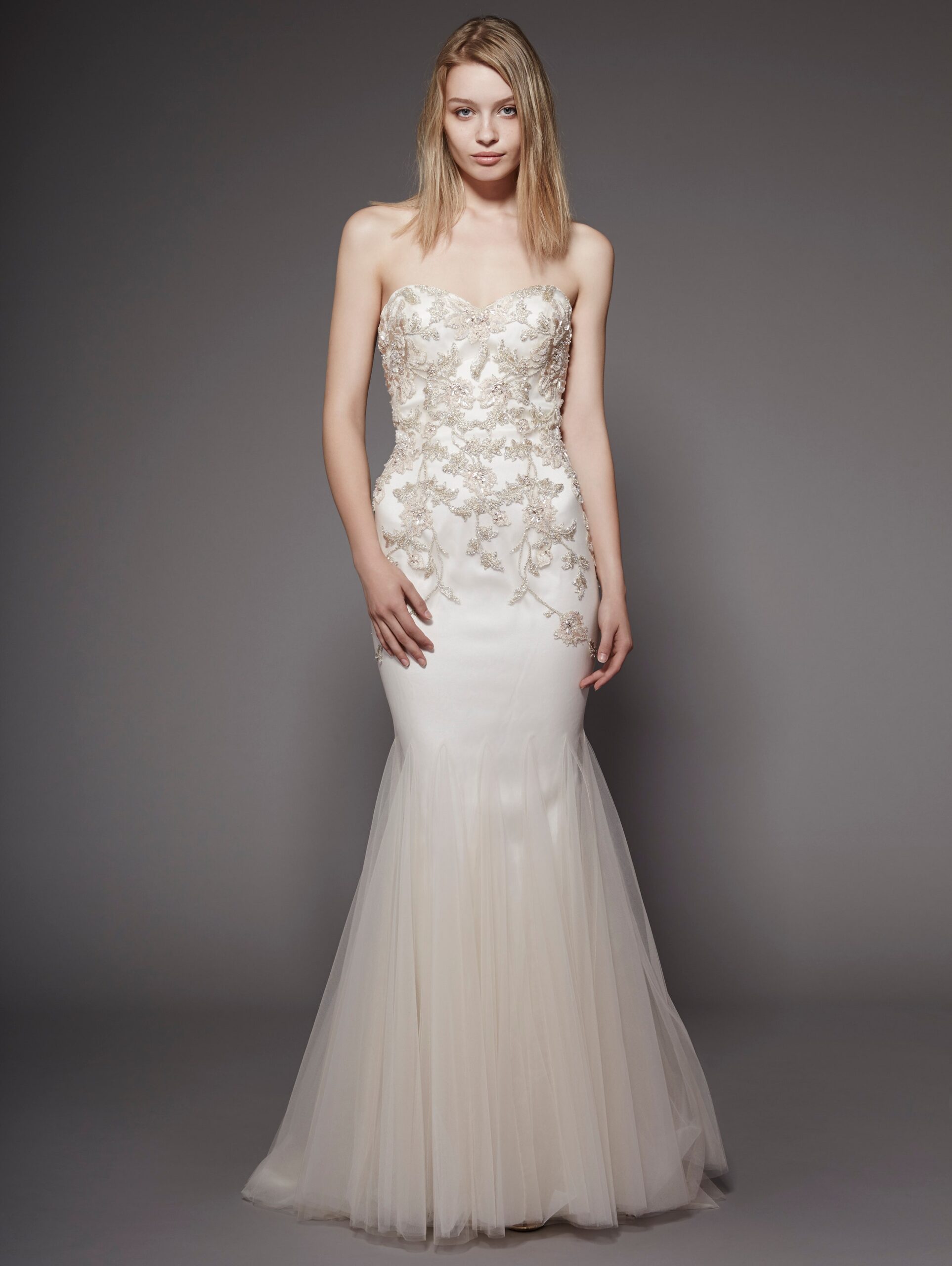 white strapless embroidered gown