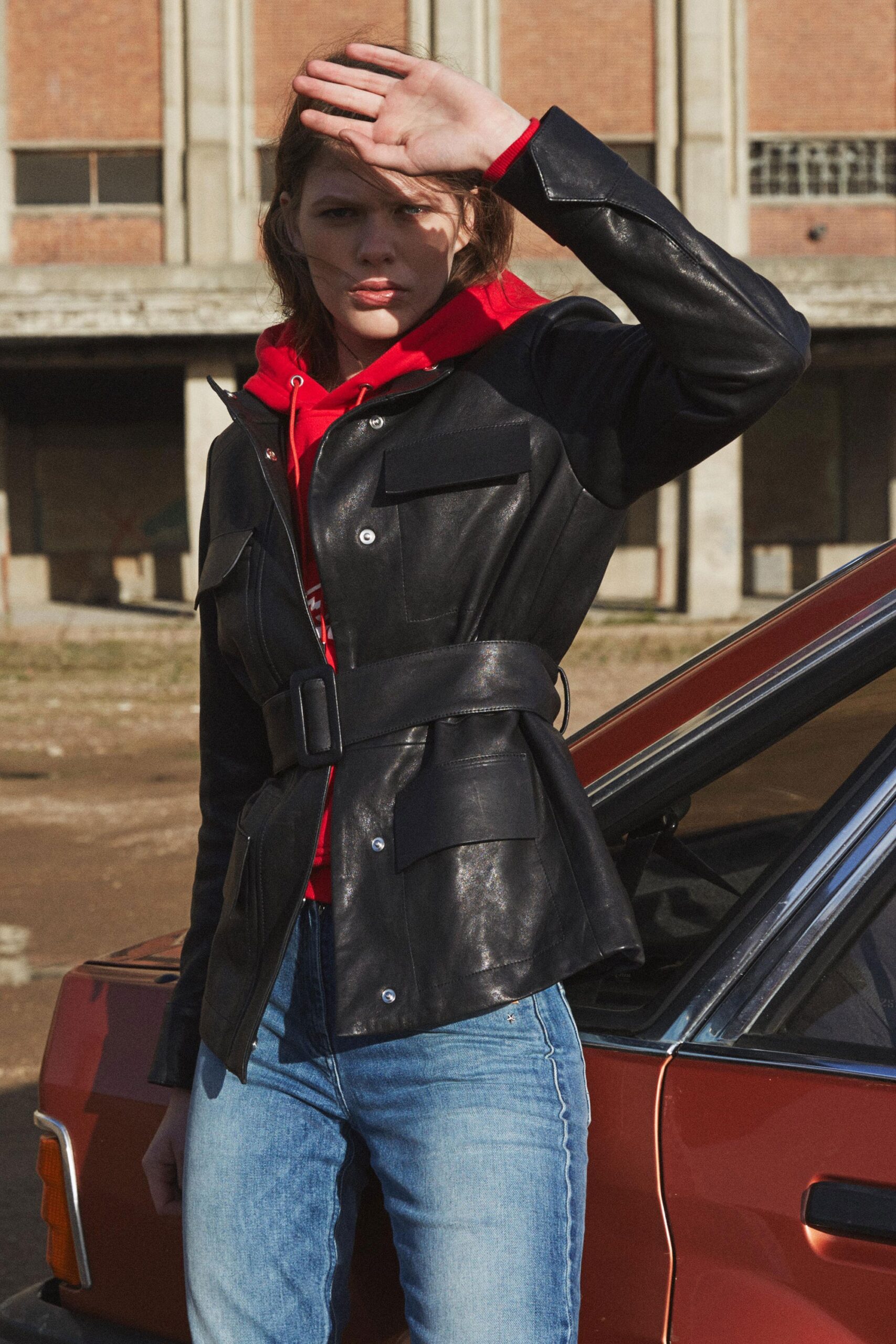 black leather belted jacket