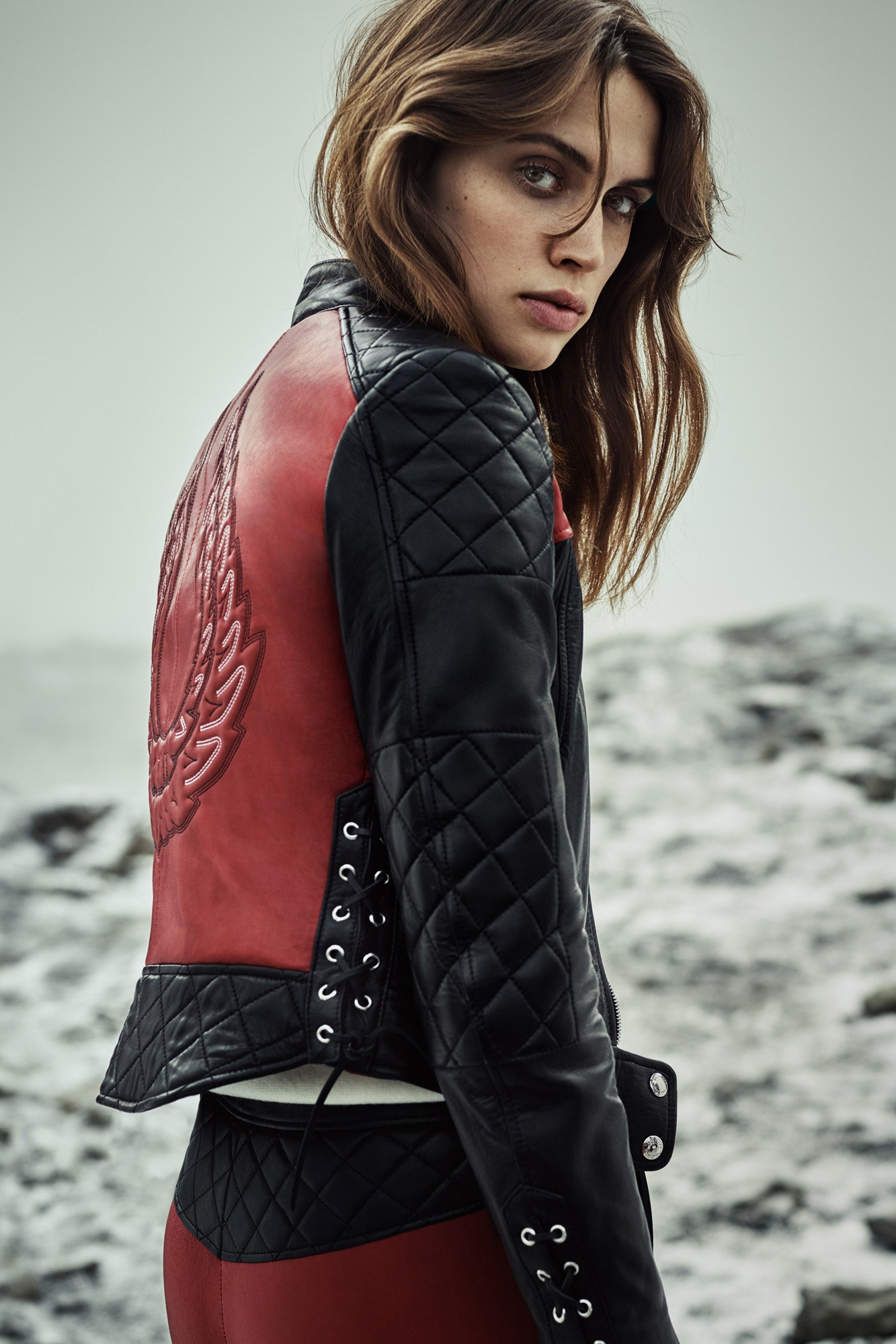black red quilted leather jacket