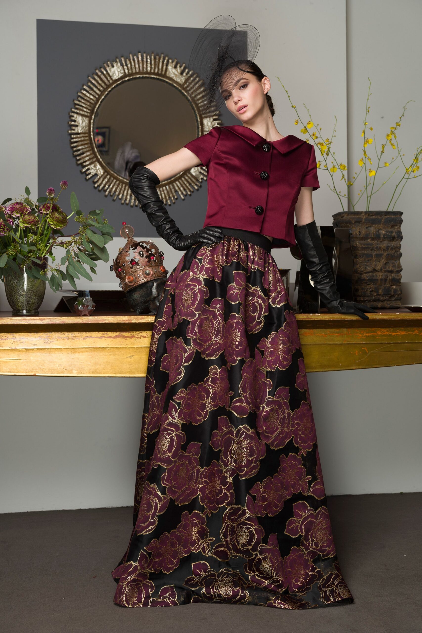 red silk short-sleeve collared fitted buttoned blouse