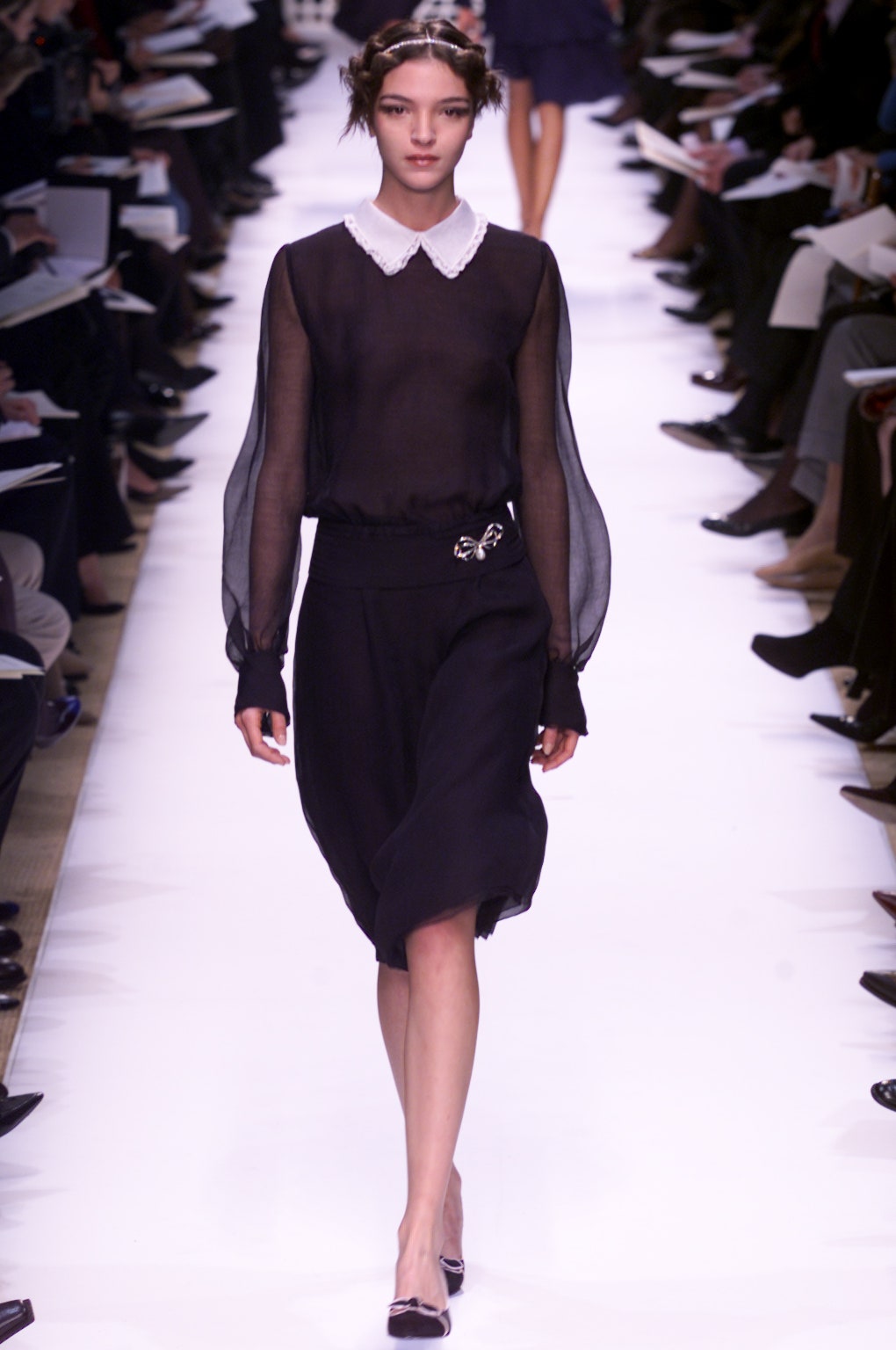 black silk long-sleeve collared fitted sheer flowing blouse