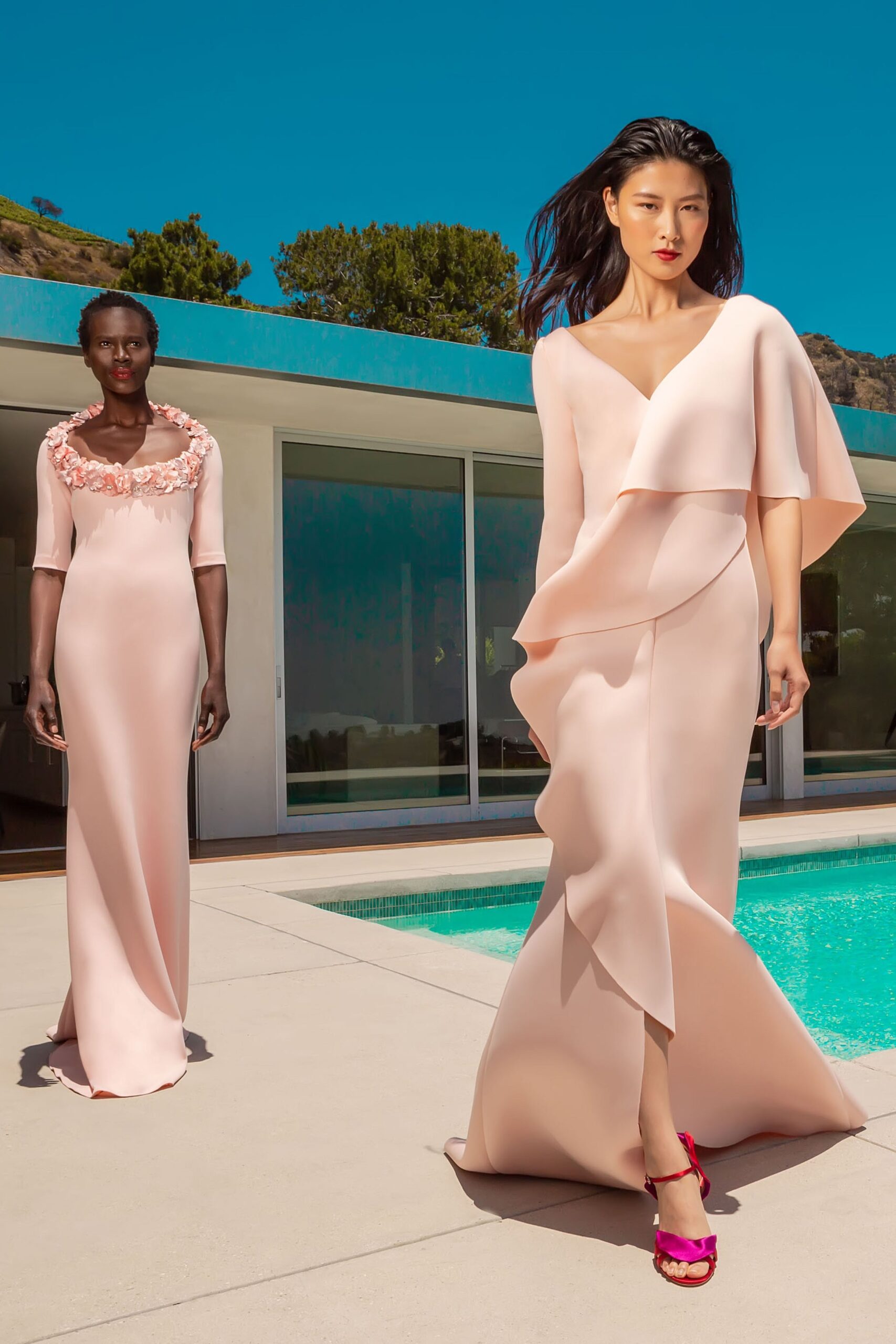 pink silk short-sleeve v-neck fitted embroidered flowing gown
