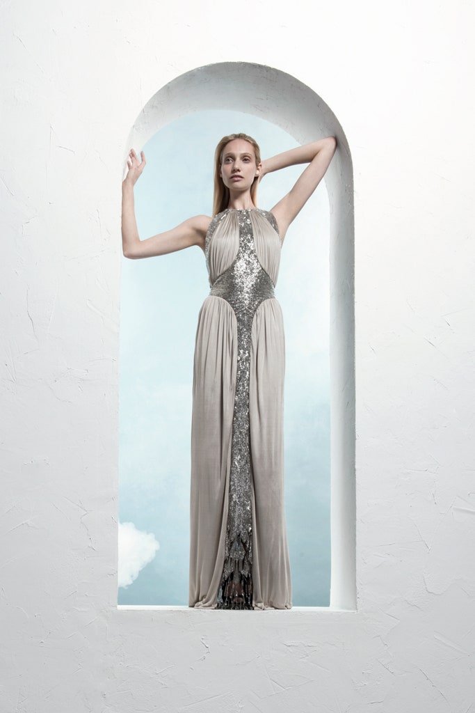 gray silk fitted gown