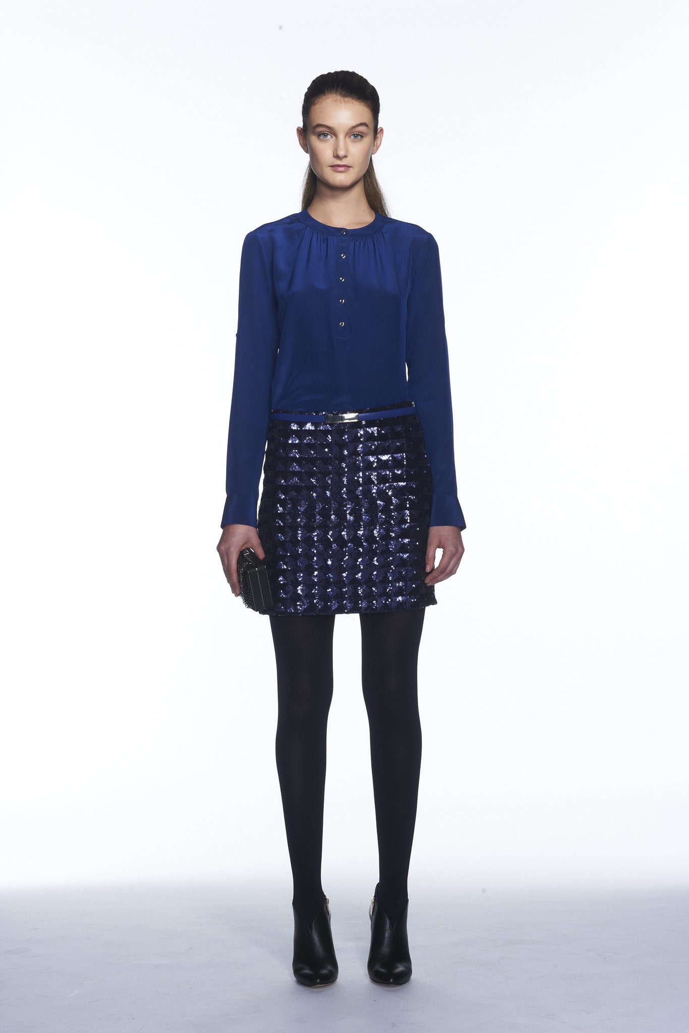 blue silk blouse with sequin skirt