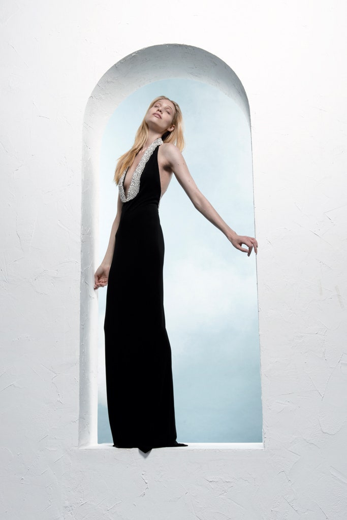 black silk sleeveless gown