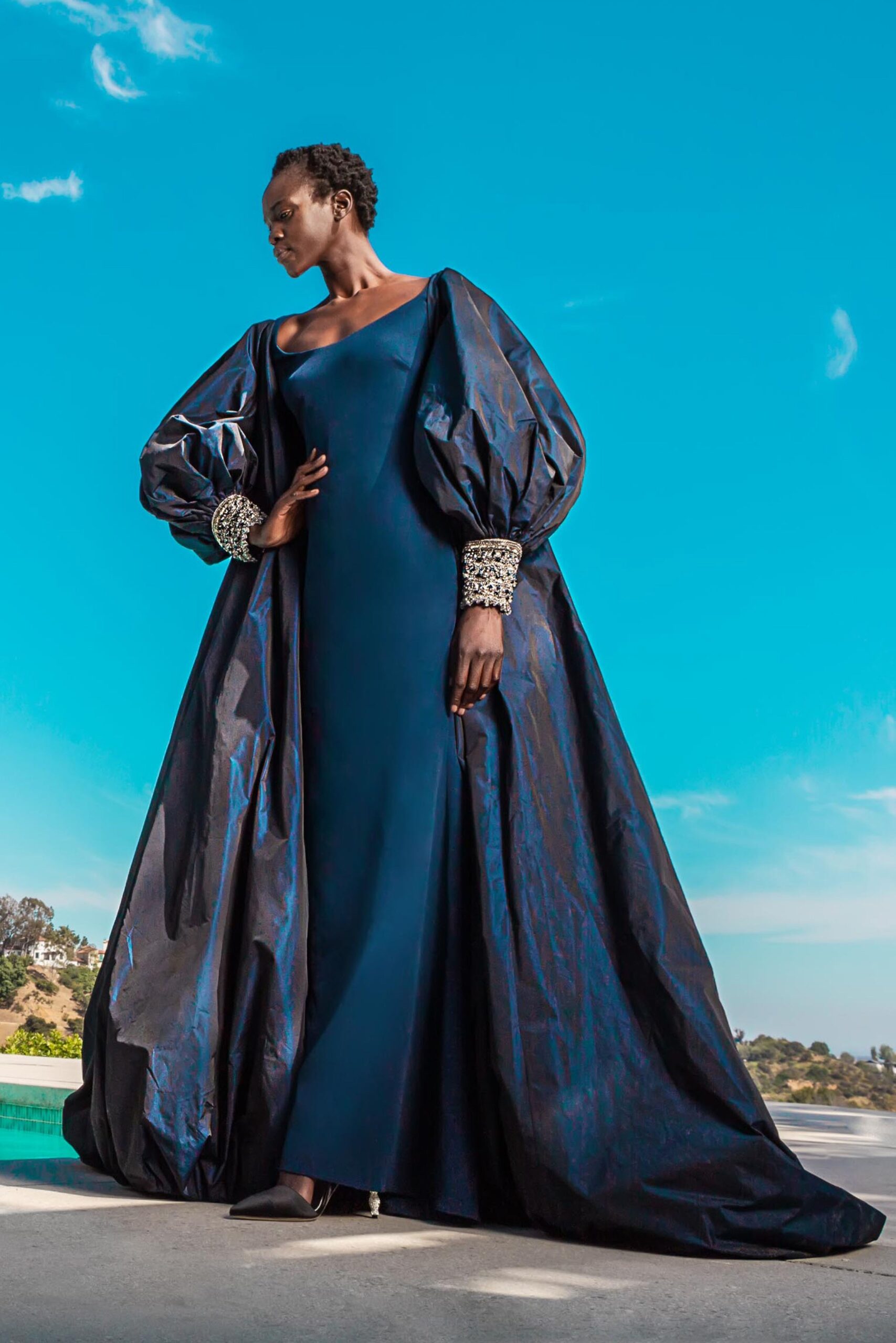blue silk off-shoulder gown