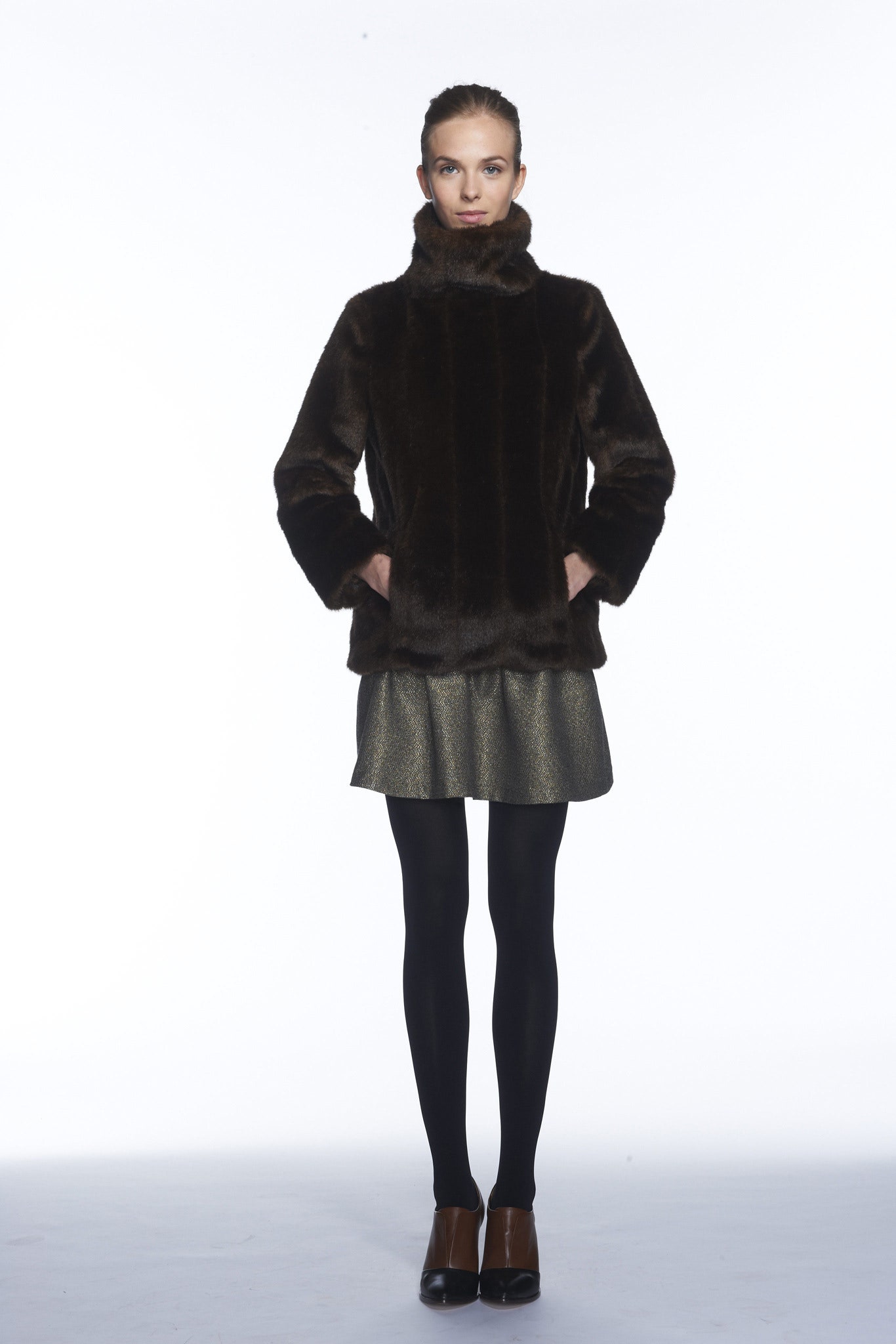 brown faux-fur jacket and gold skirt