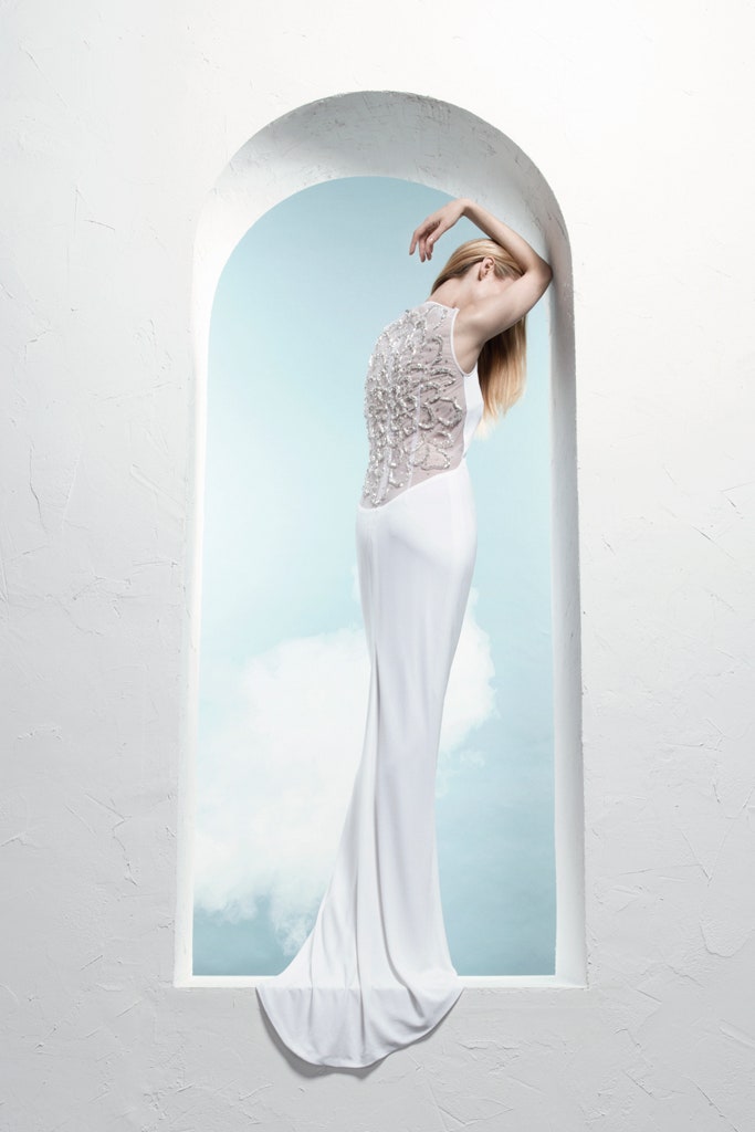 white silk sleeveless gown