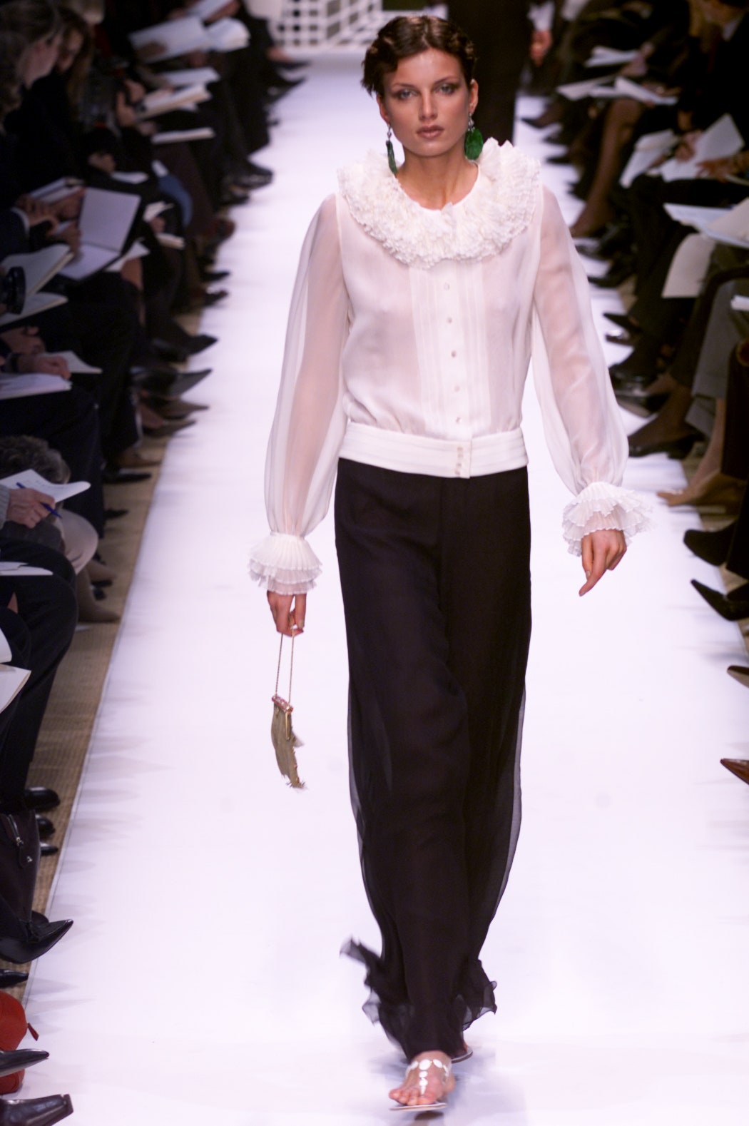 white silk long-sleeve collared fitted ruffled sheer blouse