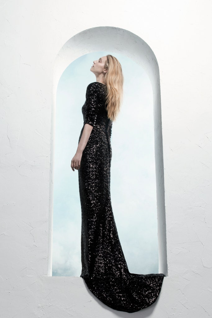 black sequin fitted gown