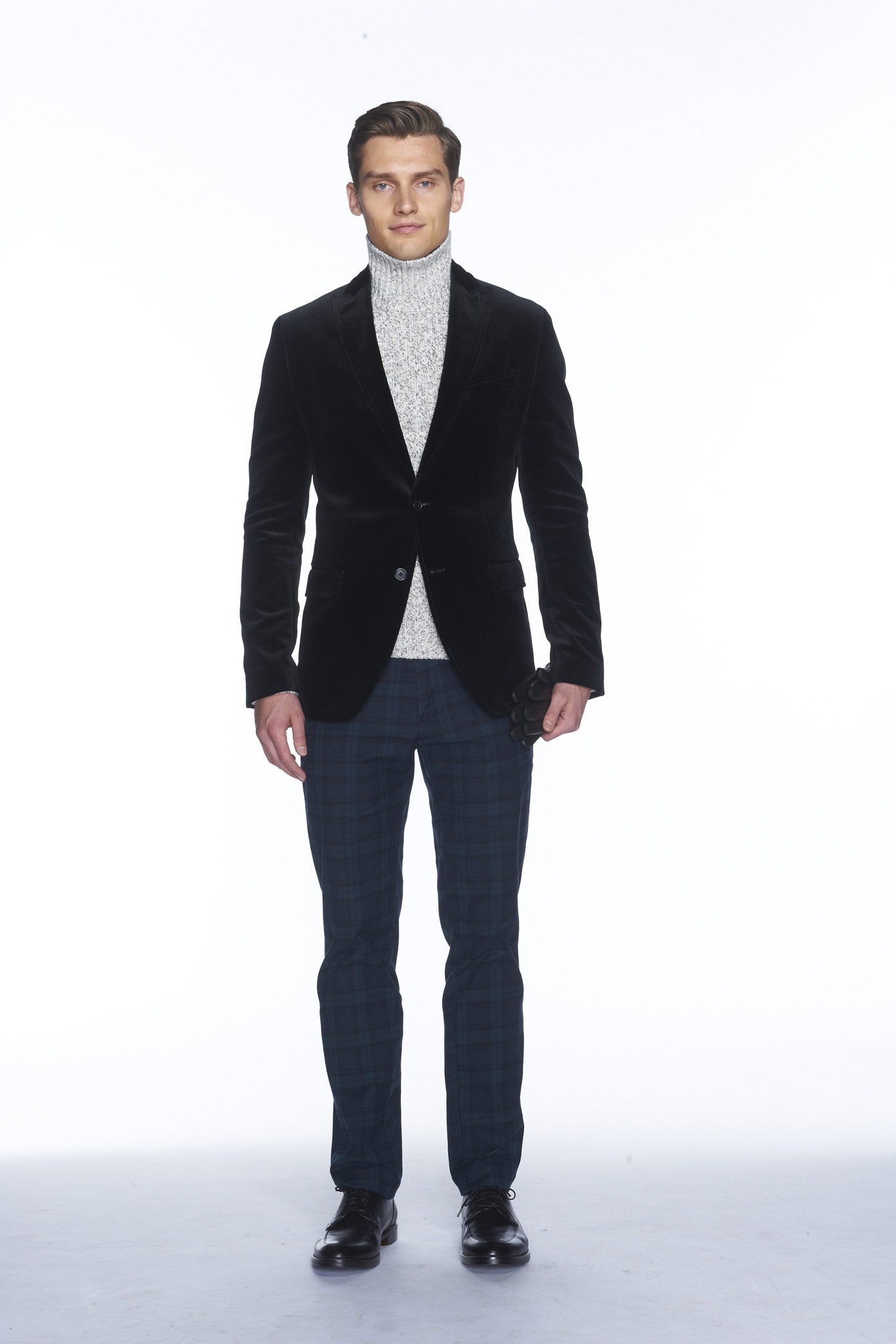 black velvet blazer with gray sweater