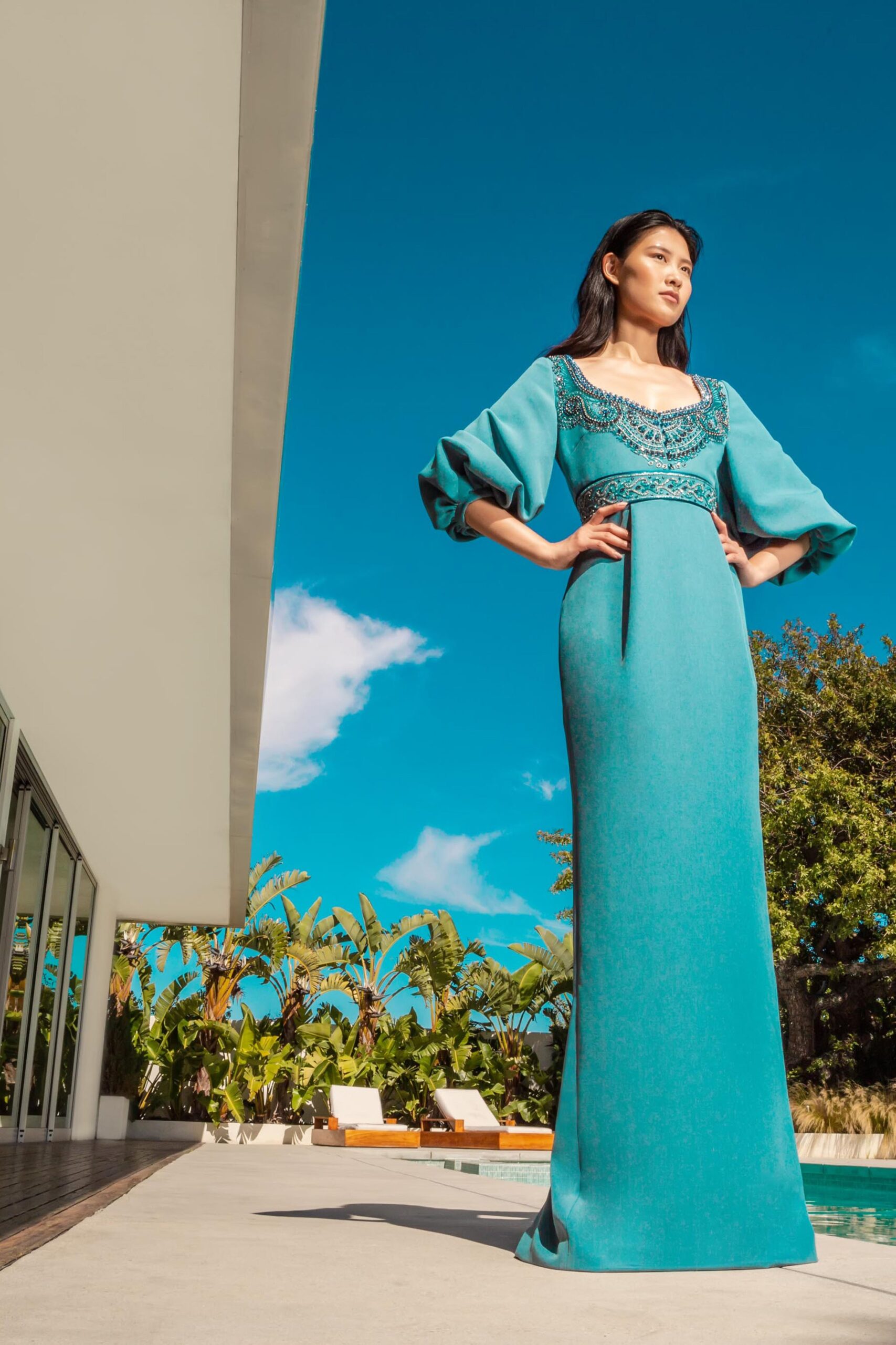 teal silk fitted gown