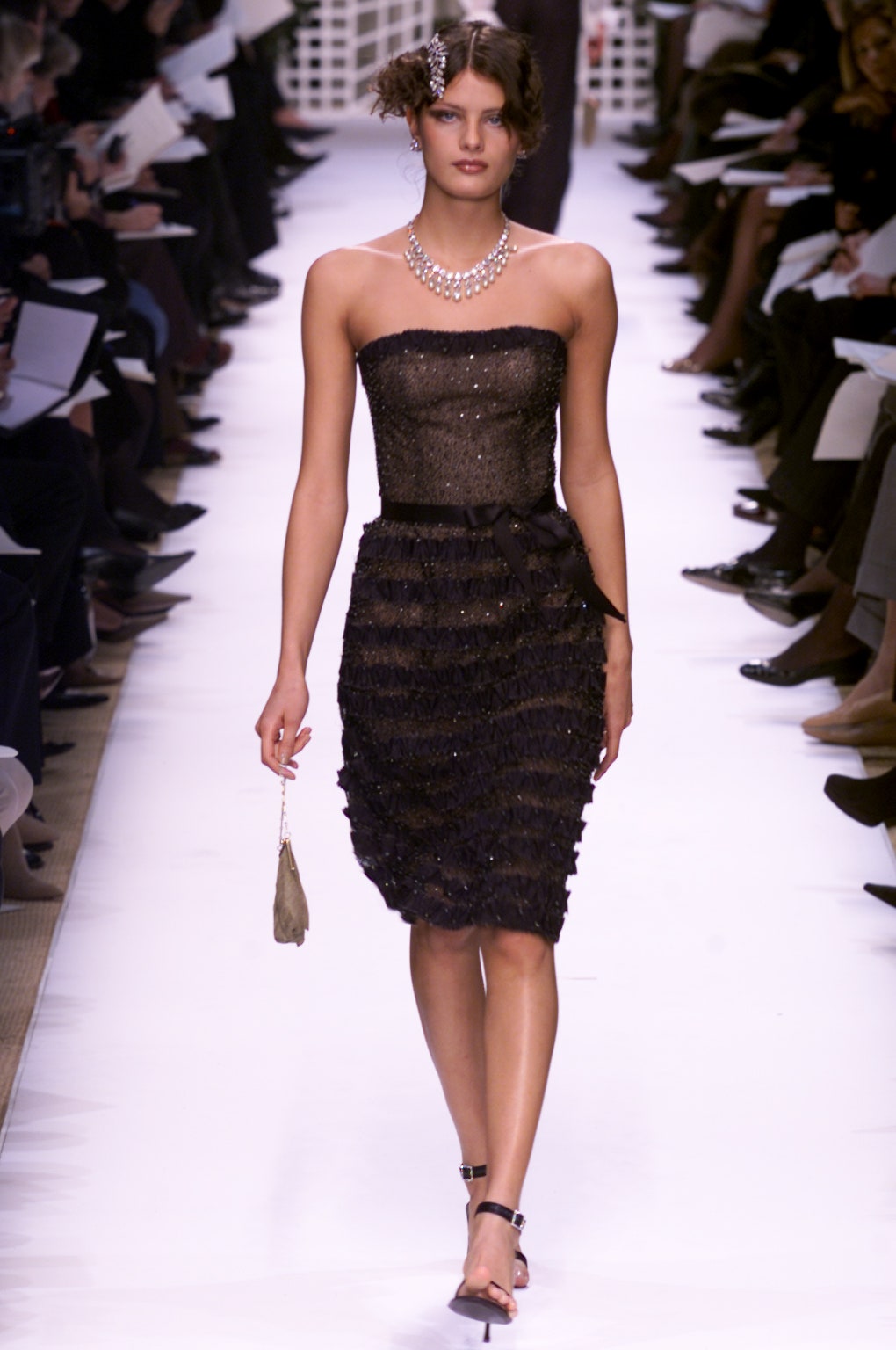 black strapless ruffled dress