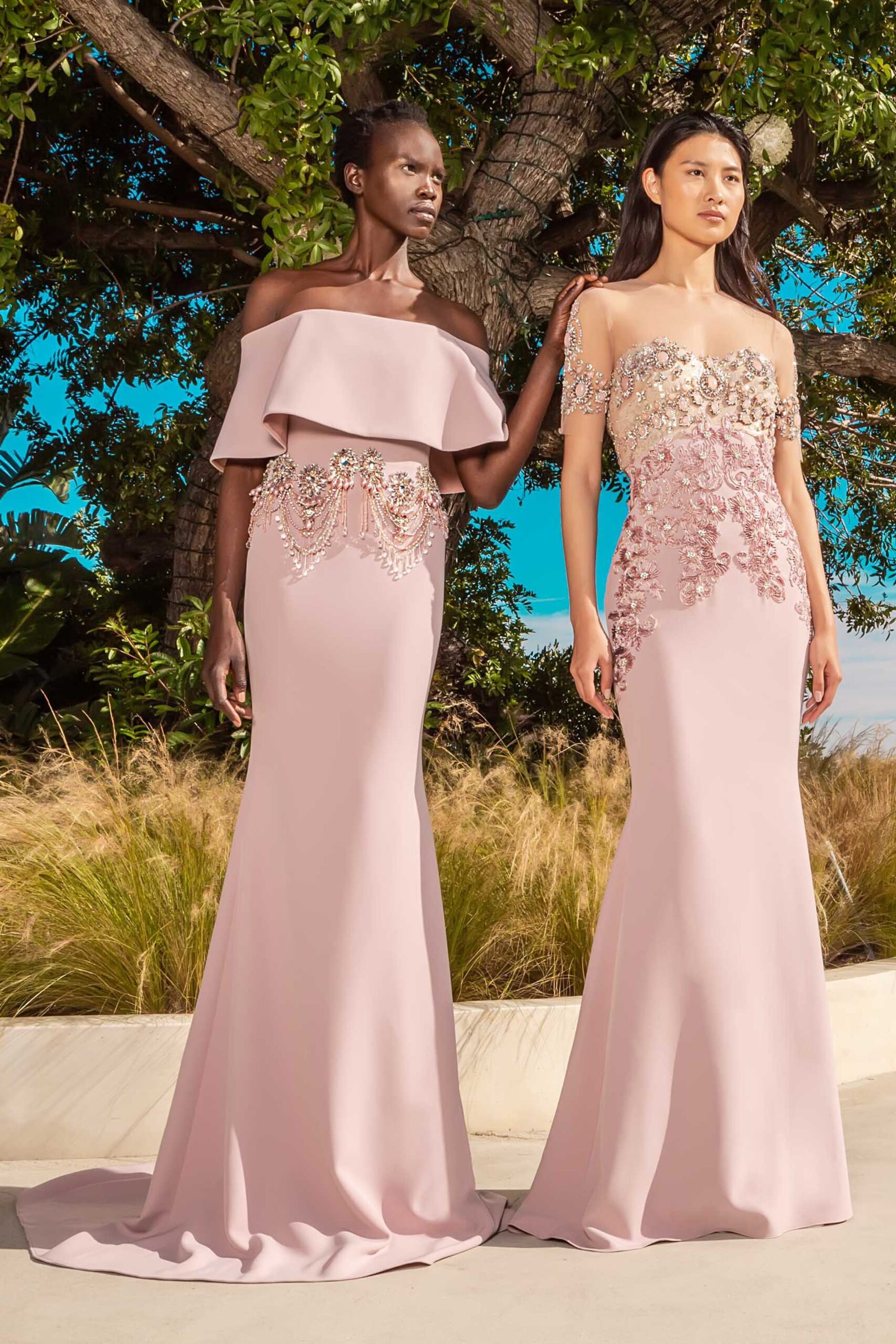 pink silk sleeveless off-shoulder fitted embellished maxi gown