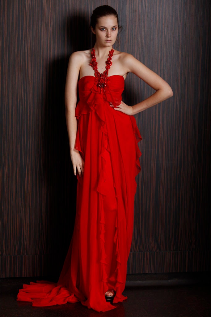 red silk strapless gown