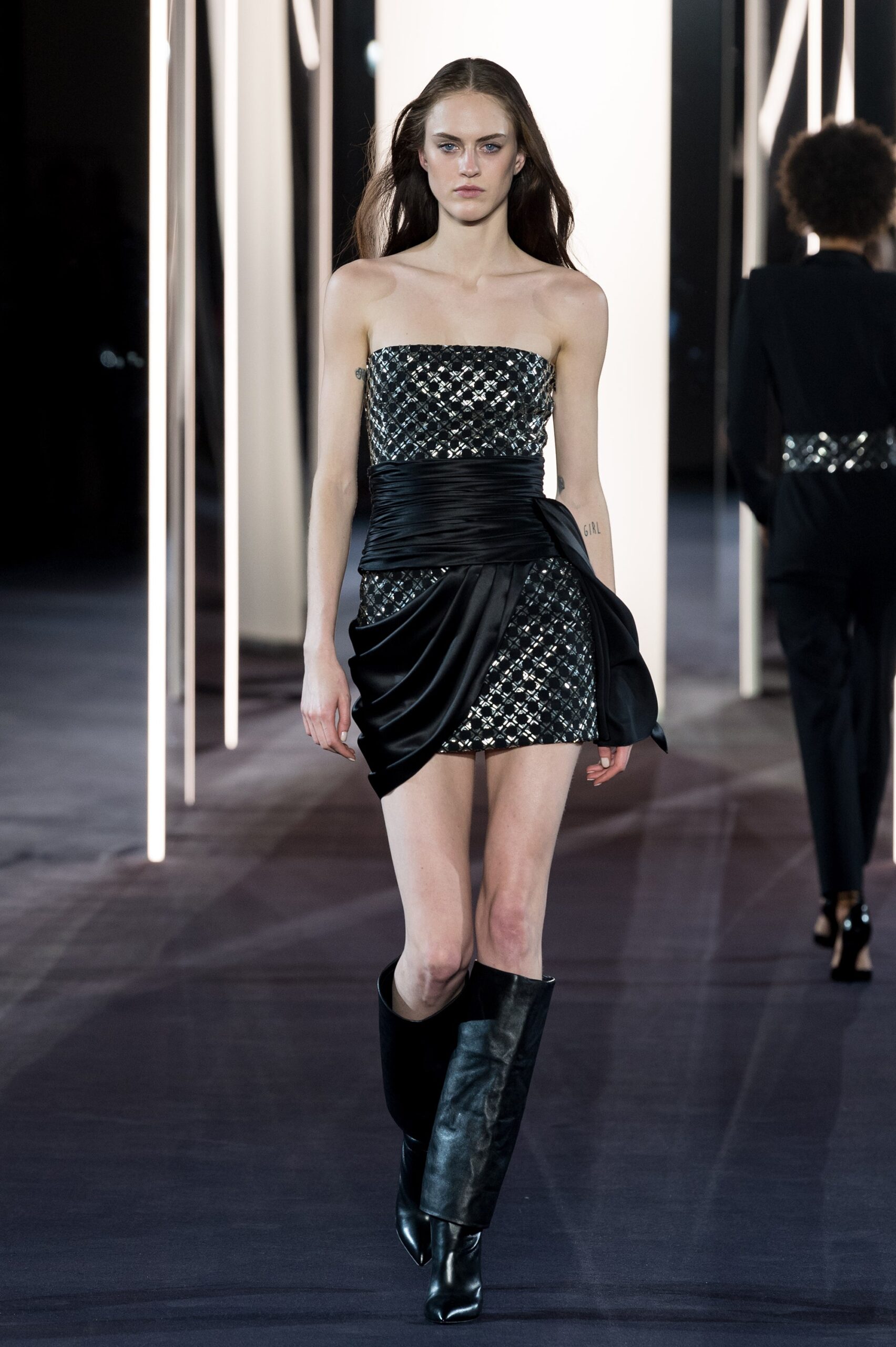 black silk strapless fitted ruched embellished shiny mini-dress