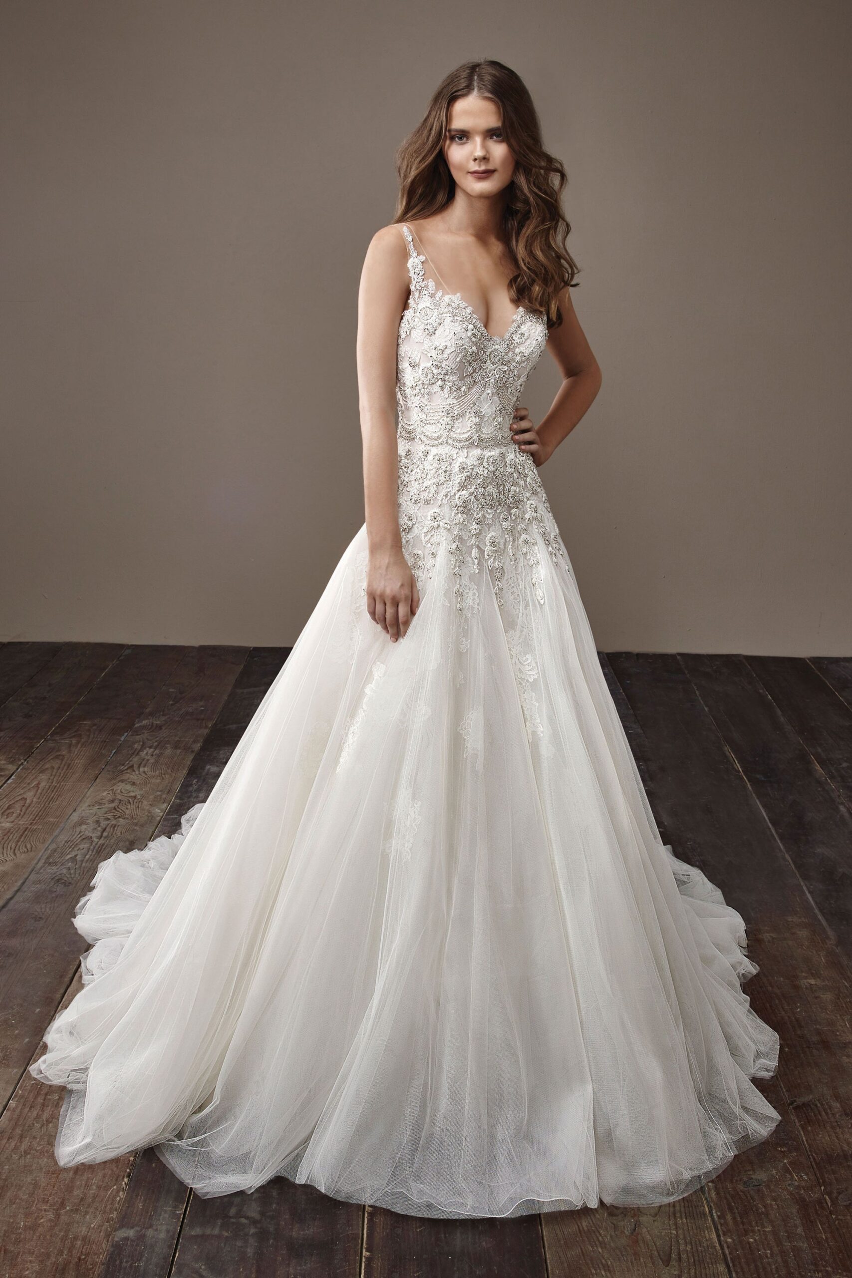 white embroidered tulle gown