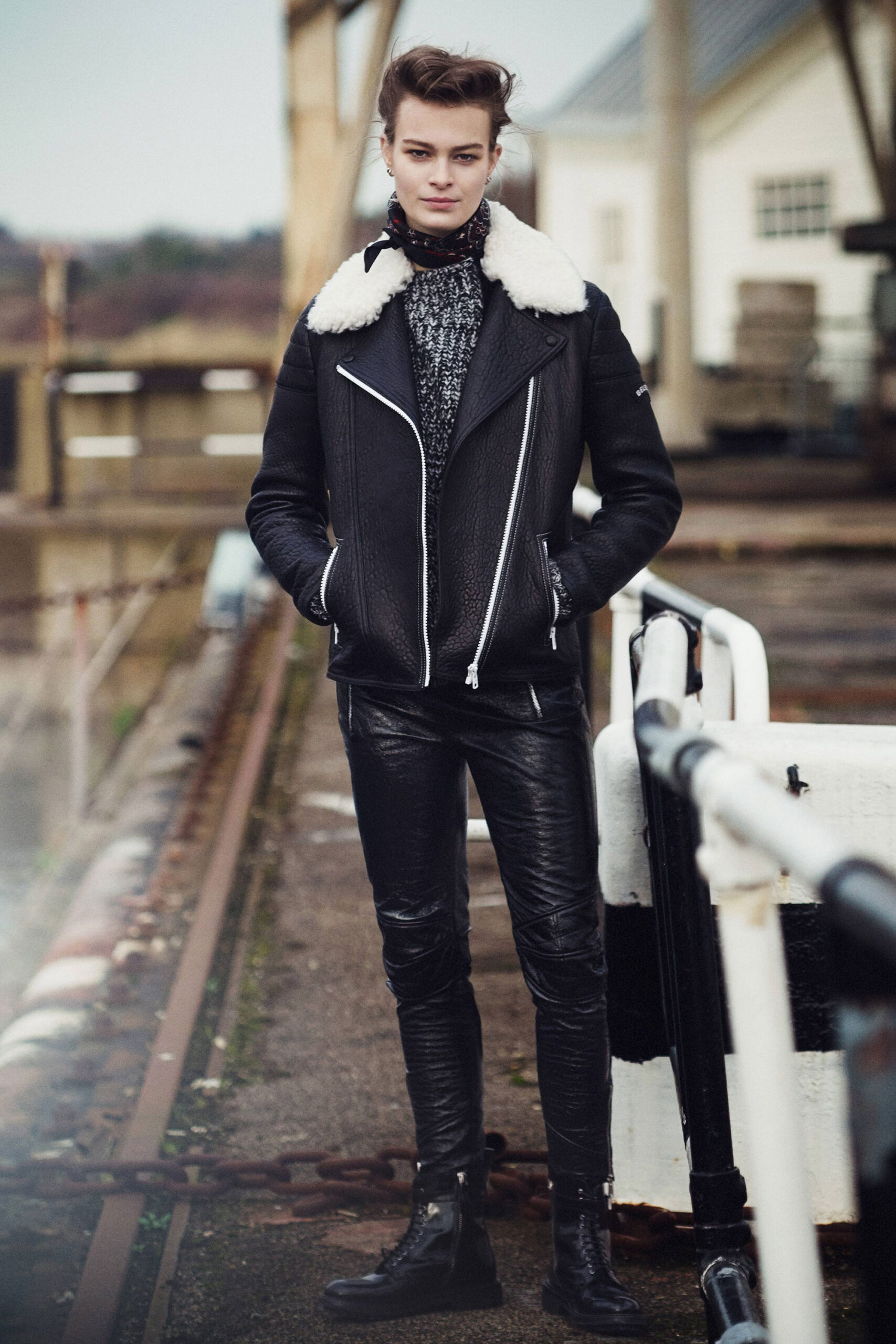 black shearling-collar leather jacket