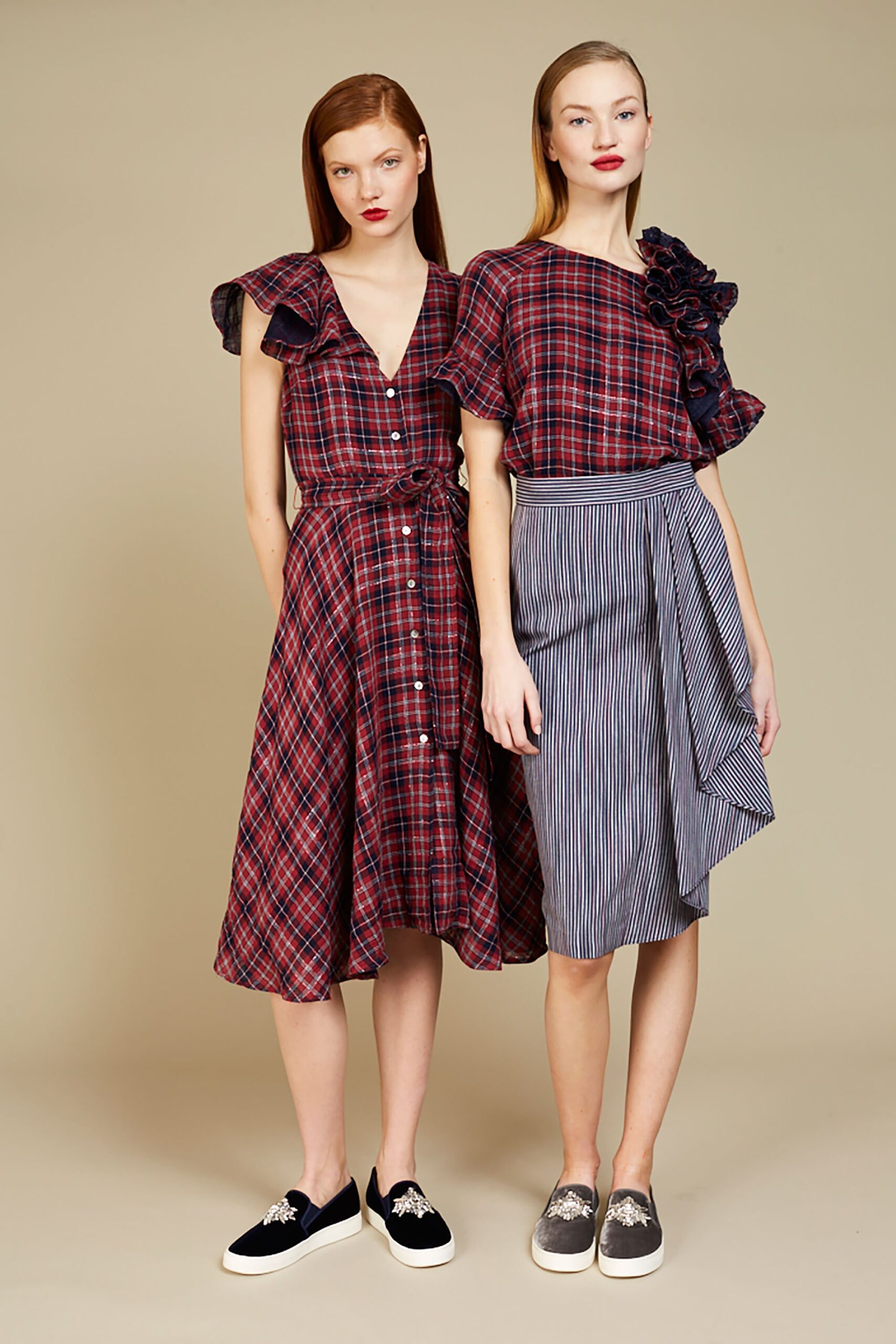 red and blue plaid dress and top