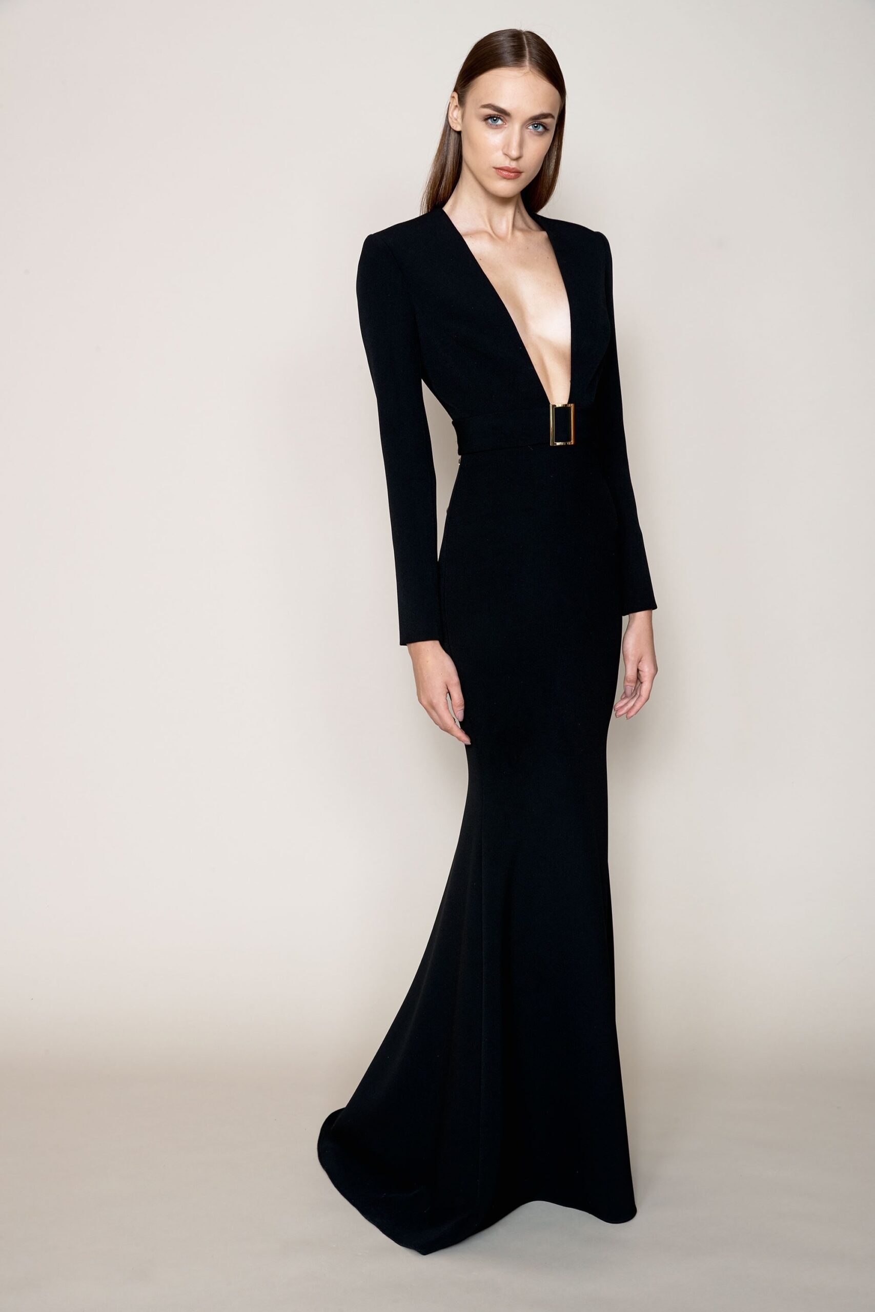 fitted black long-sleeve gown