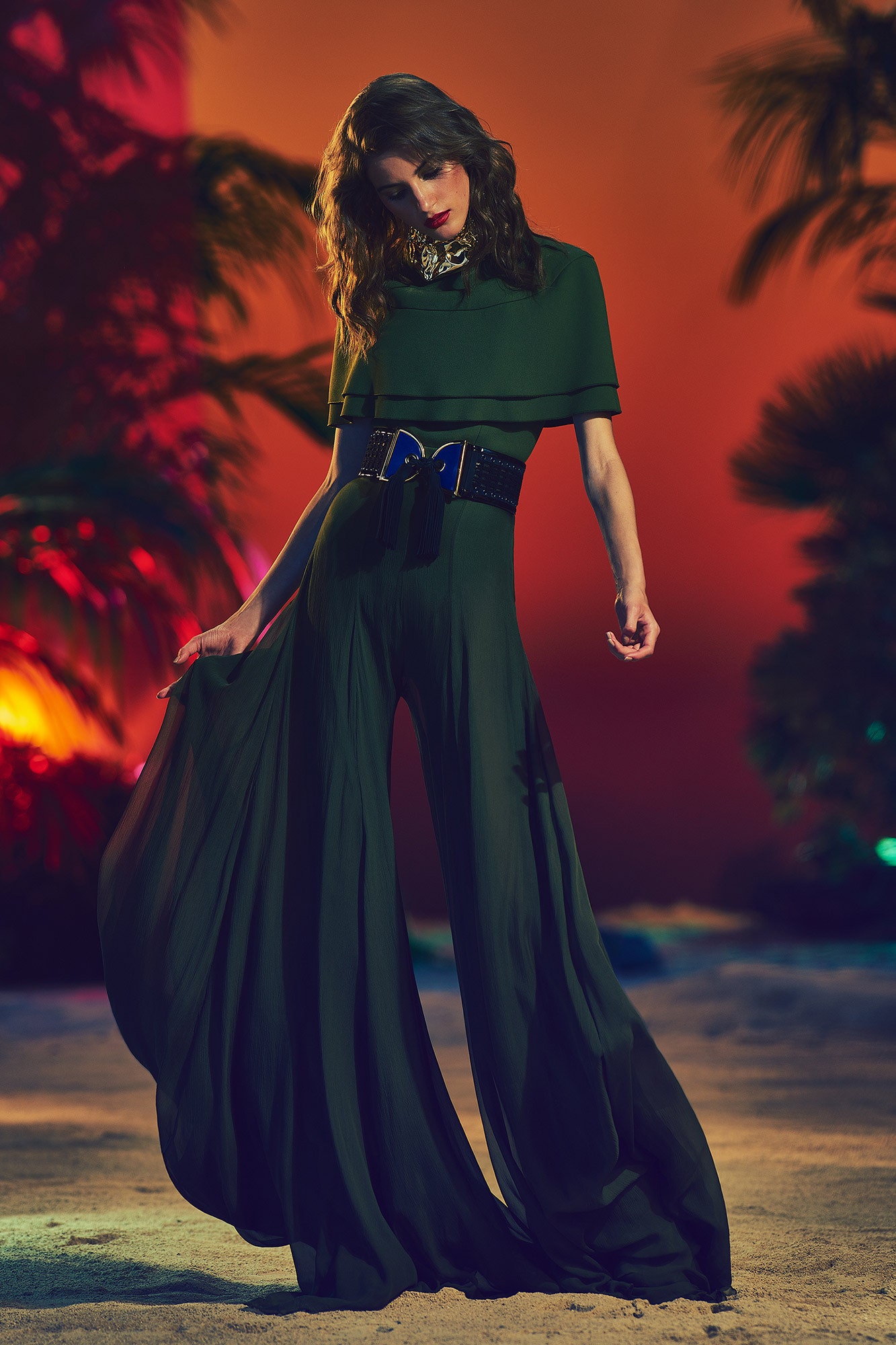 green silk fitted jumpsuit with belt