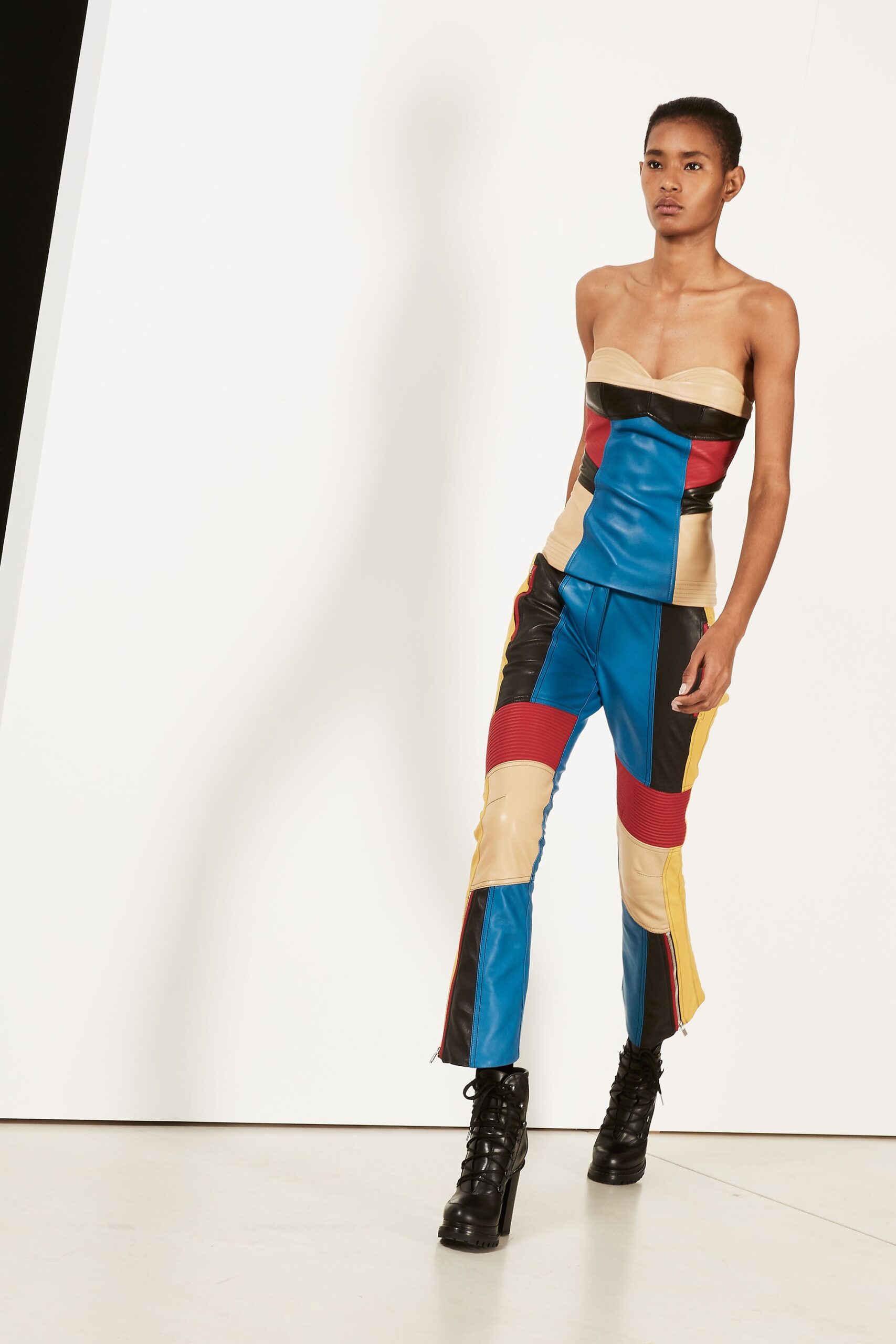 color-blocked leather bustier and pants