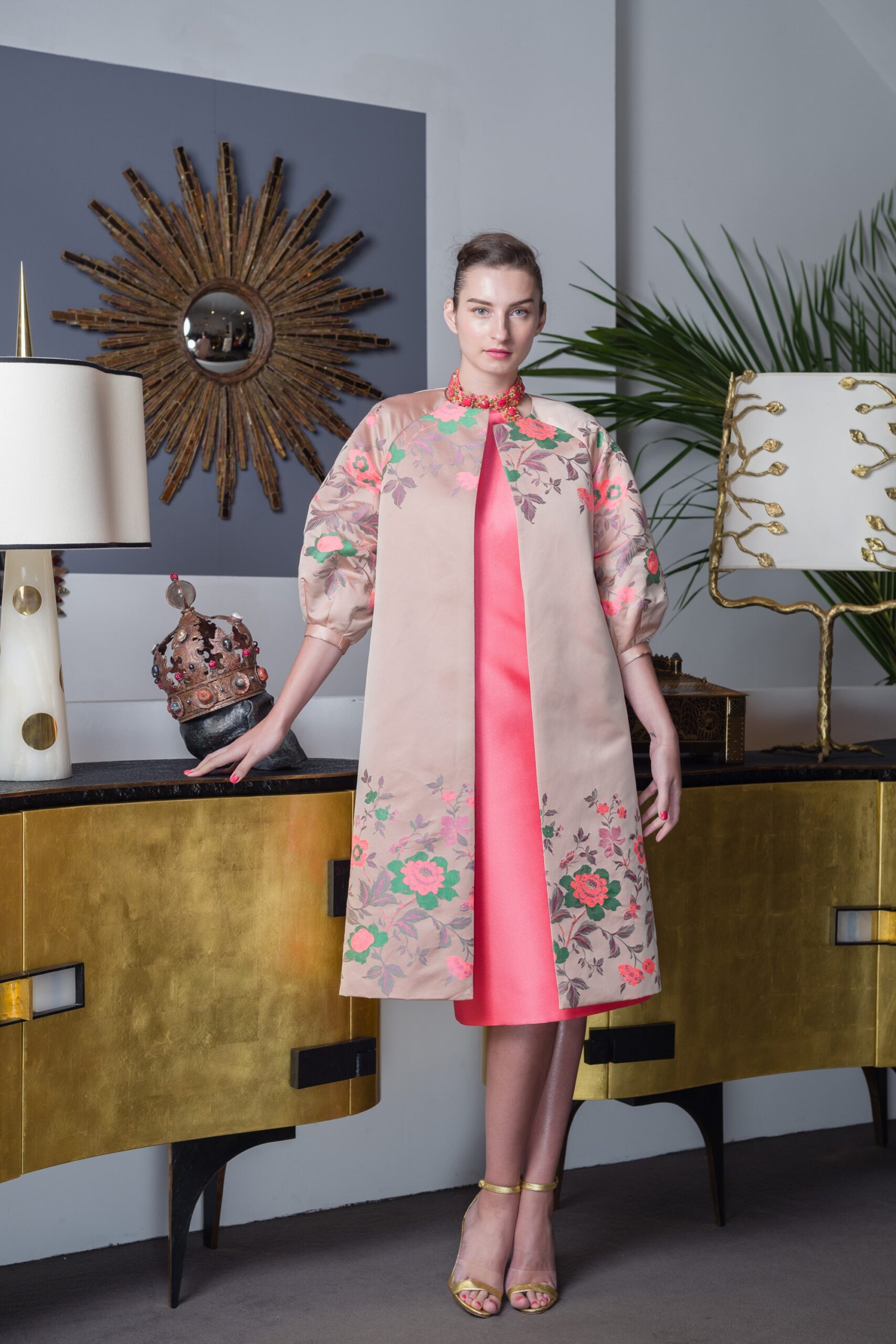 pink a-line midi dress with floral coat