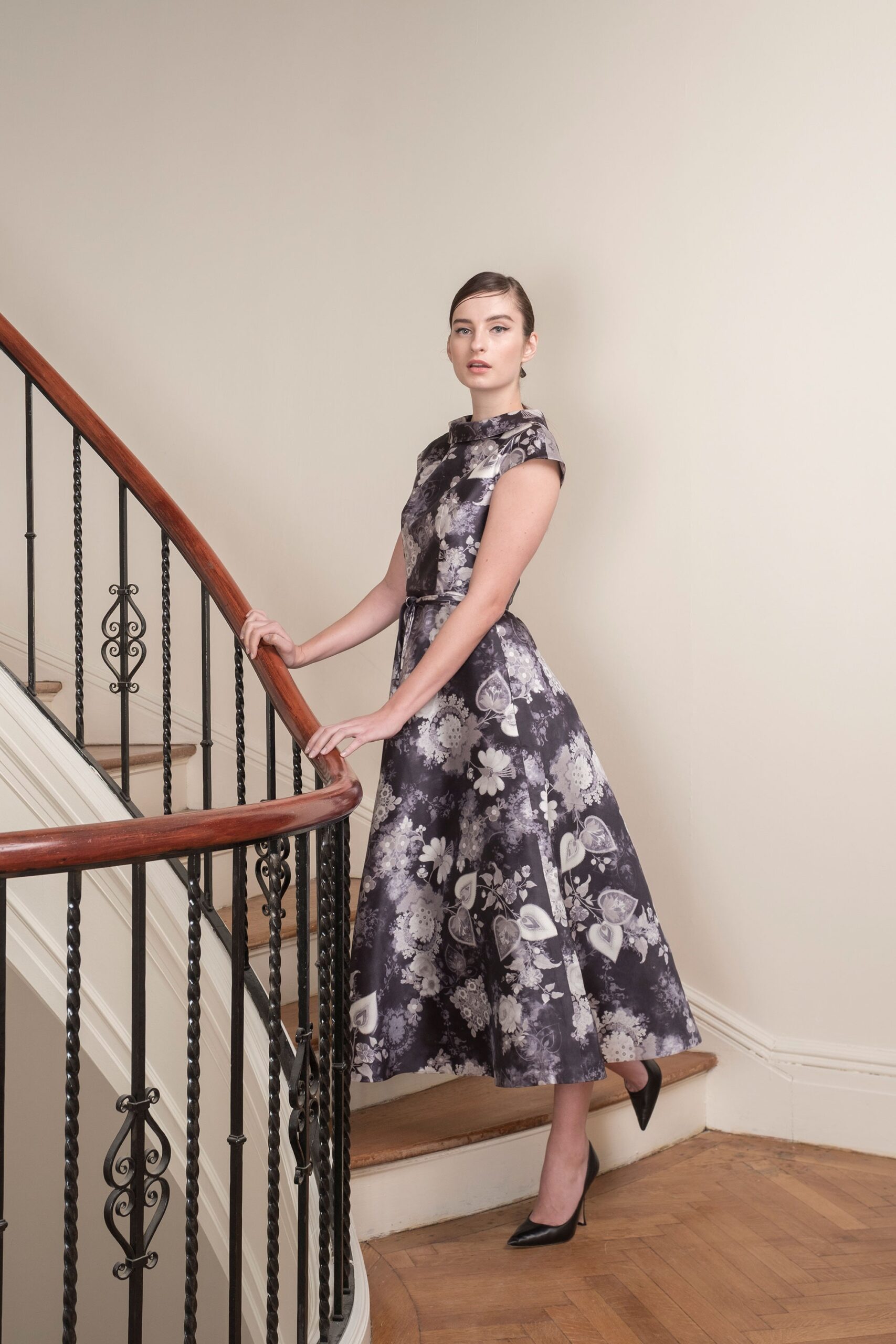 black and white floral midi dress