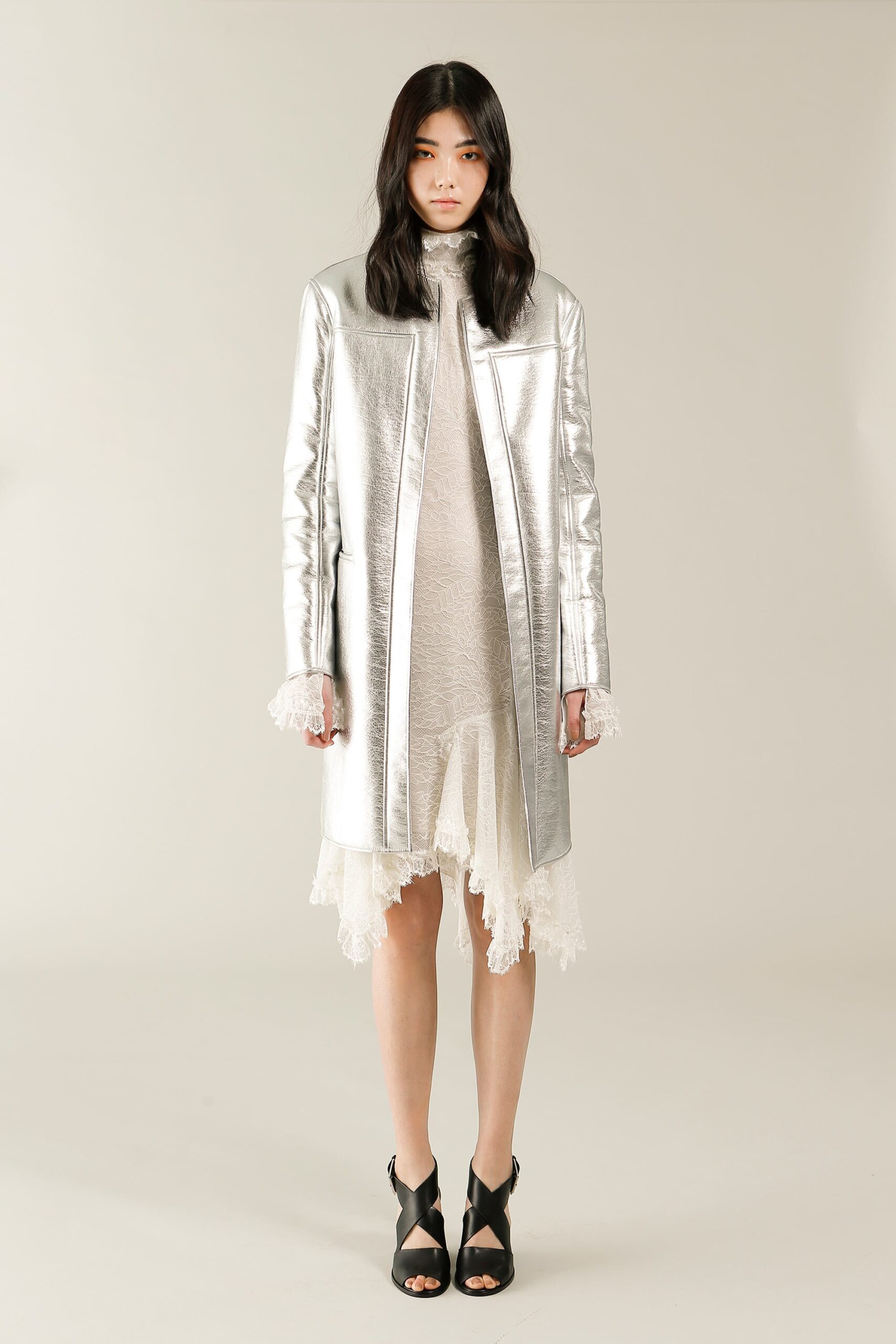 gray metallic long-sleeve collared fitted zippered shiny coat