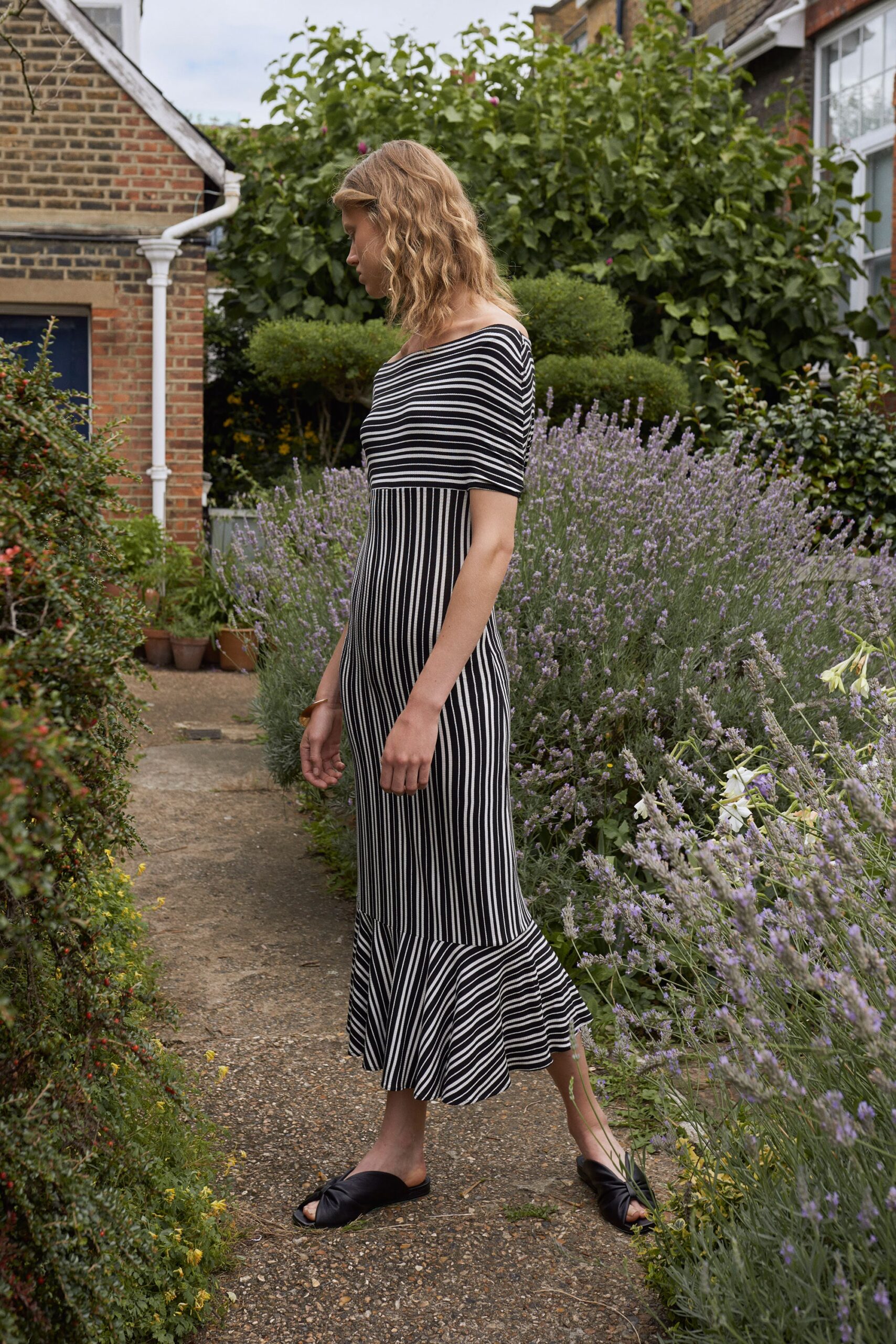 black white striped knit maxi-dress