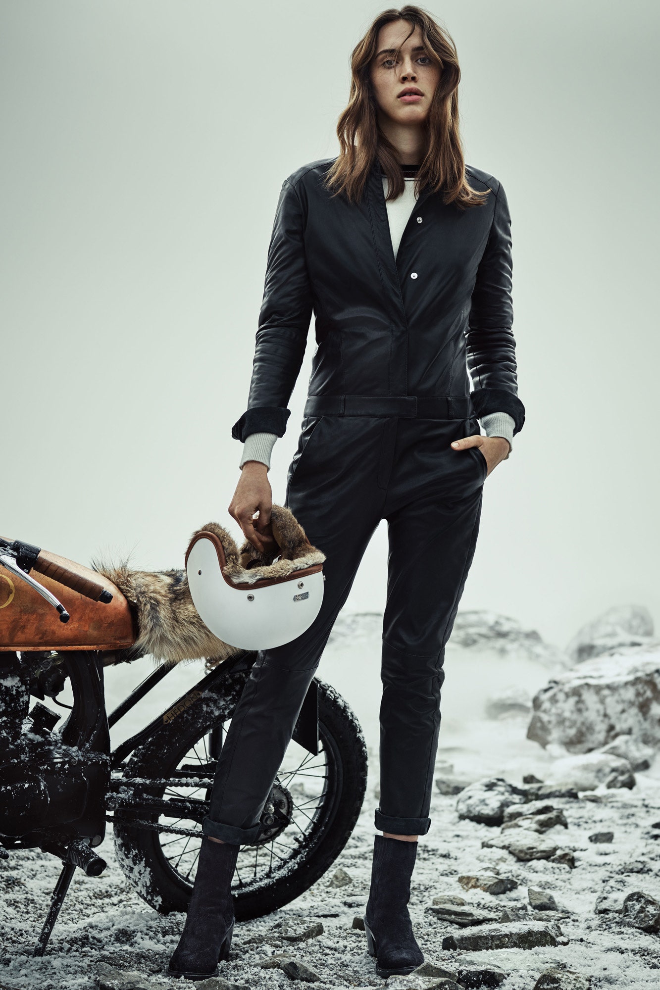 black leather belted jumpsuit