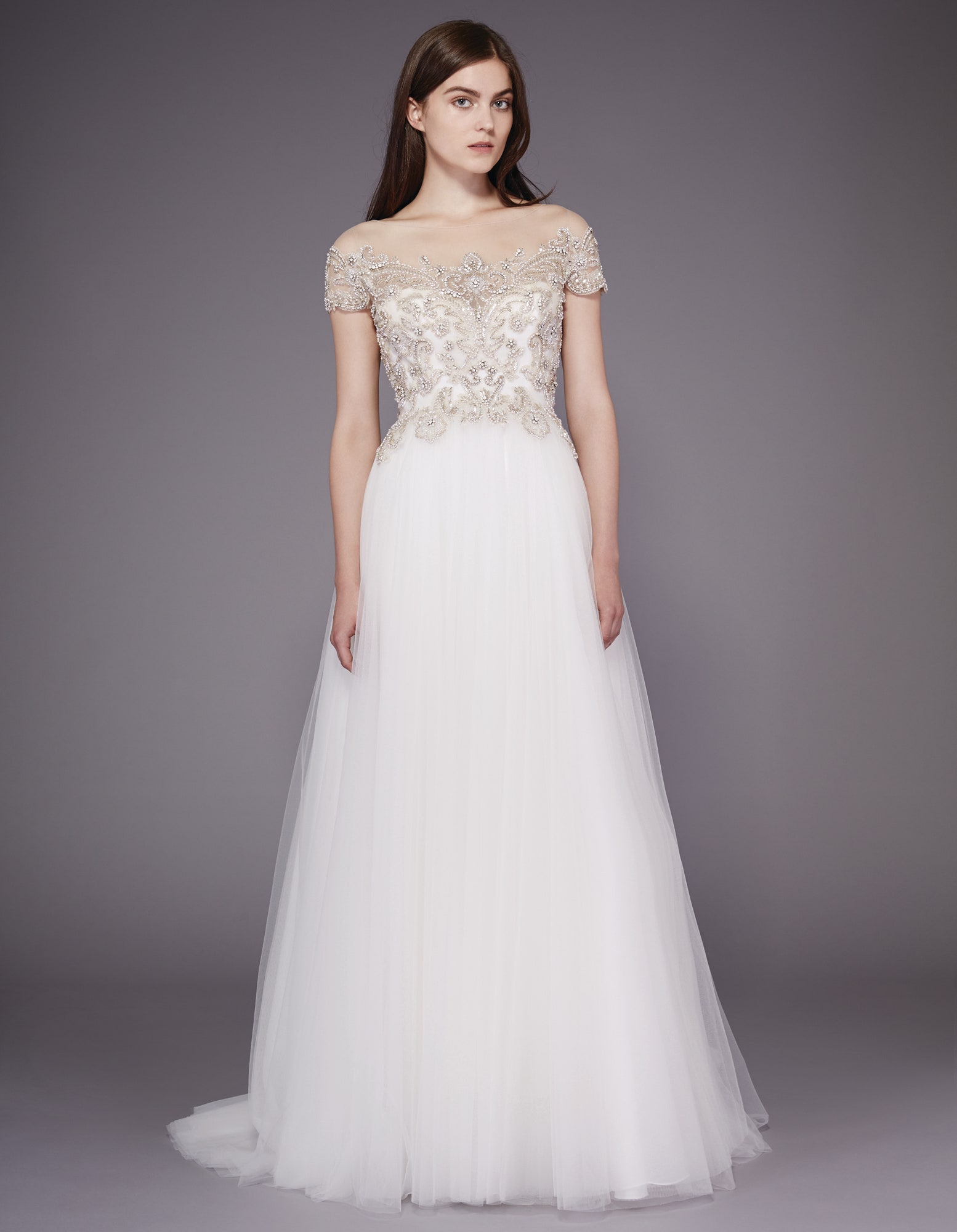 white off-shoulder embroidered gown