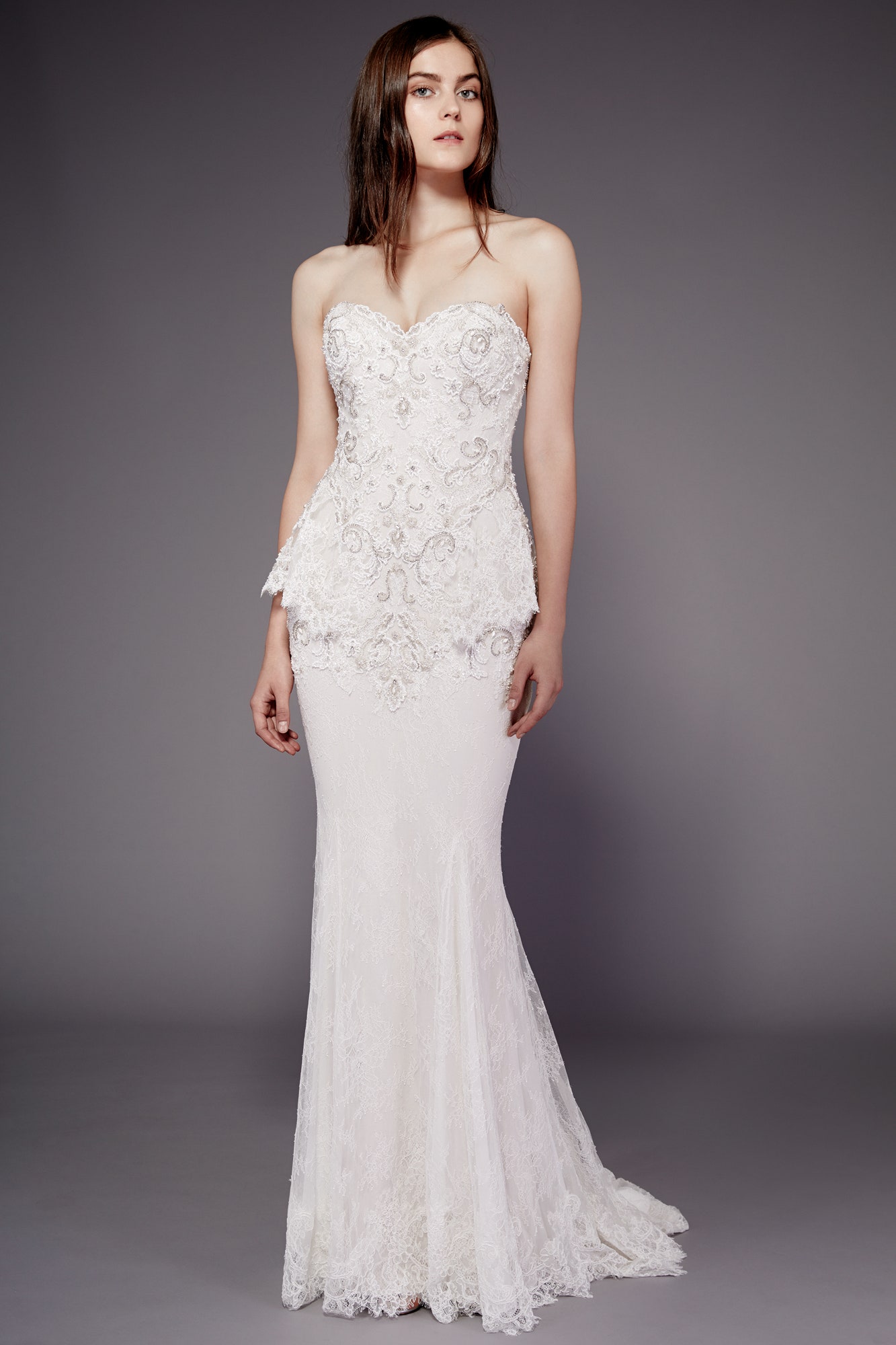 white lace strapless gown