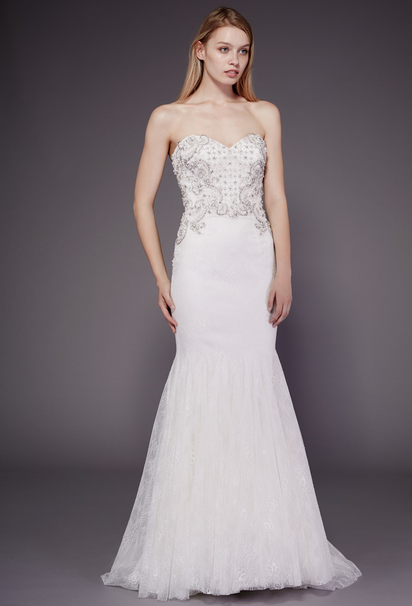 white strapless embroidered gown