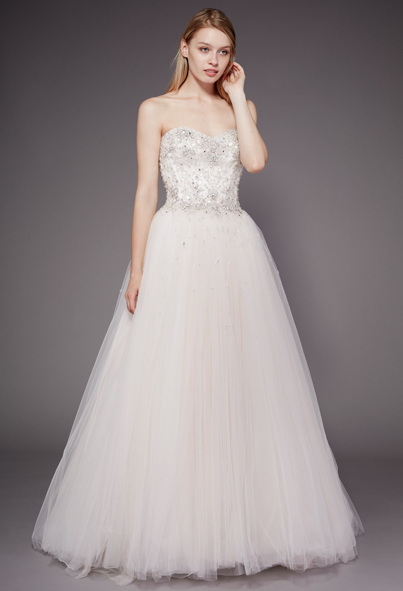 white strapless embellished gown