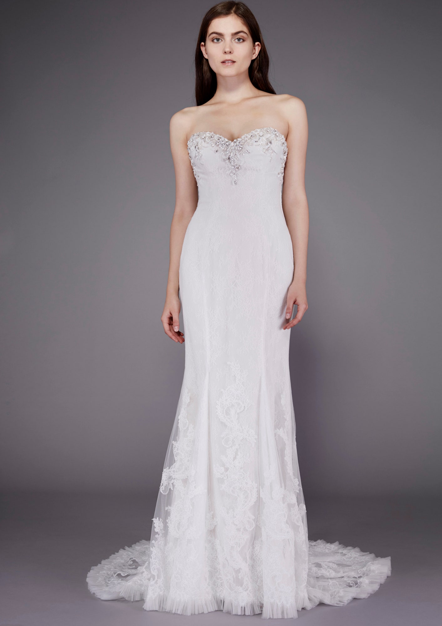 white lace strapless gown