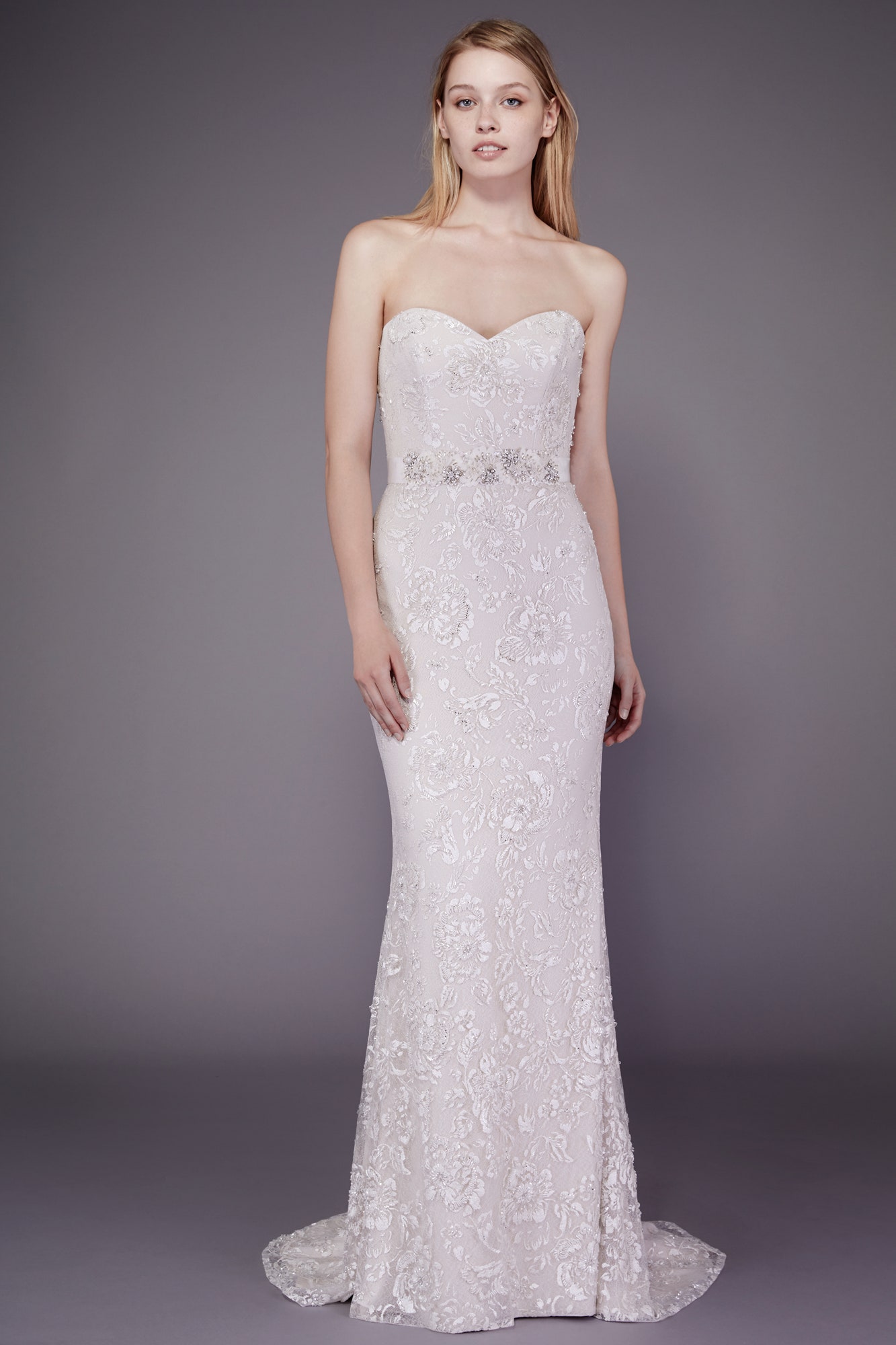 white lace strapless gown