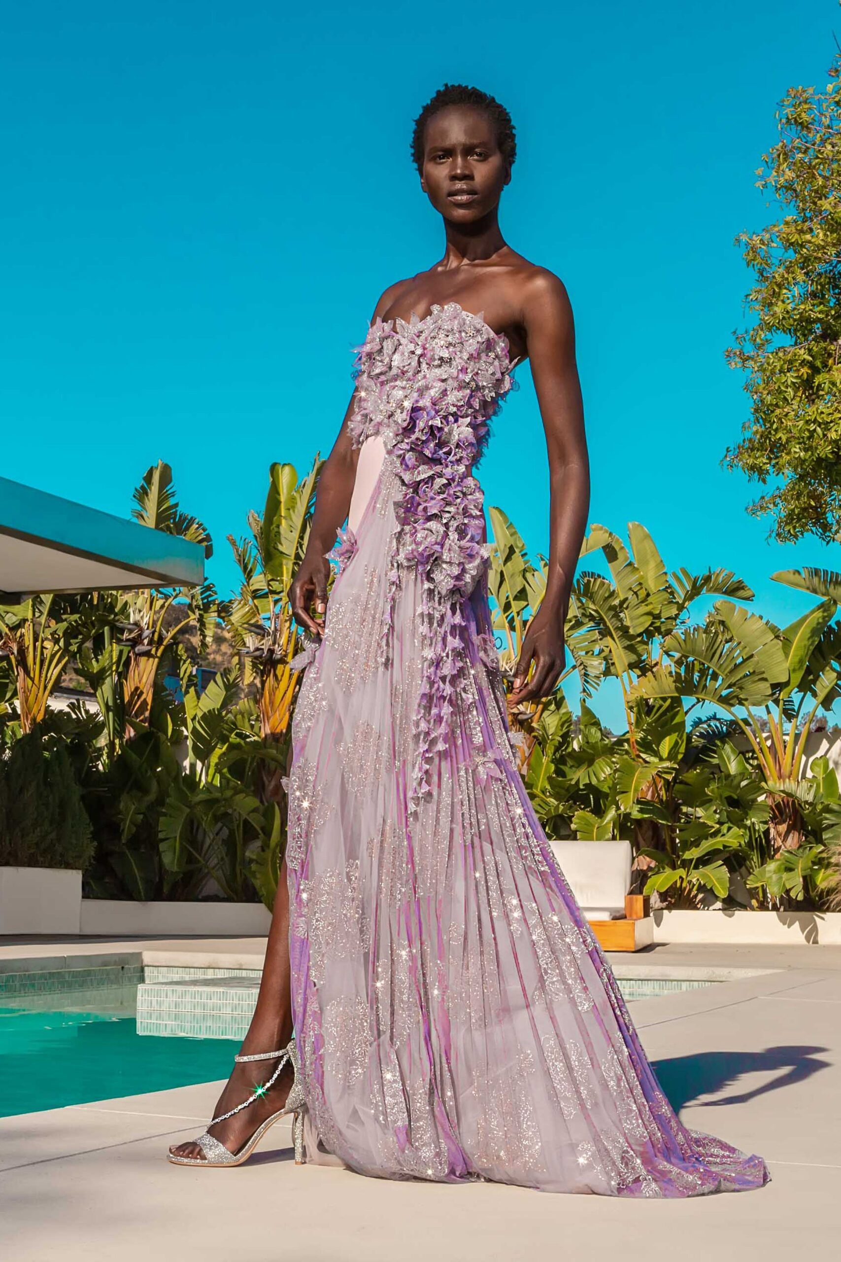 purple gray strapless gown
