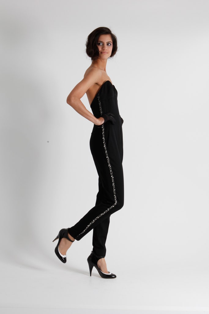 black silk strapless jumpsuit
